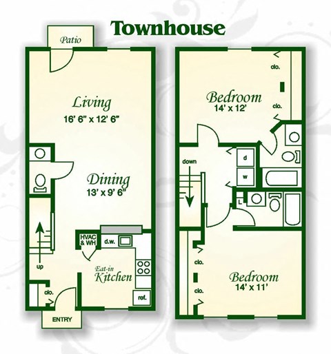 Floor plan for 2 beds, 2.5 baths, 1181 sqft