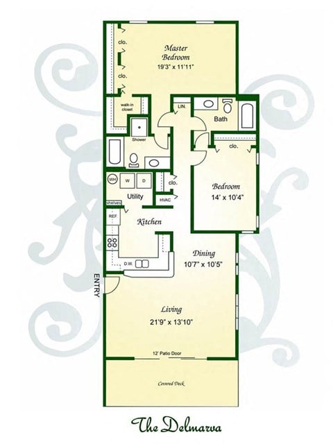 Floor plan for 2 beds, 2 baths, 1290 sqft