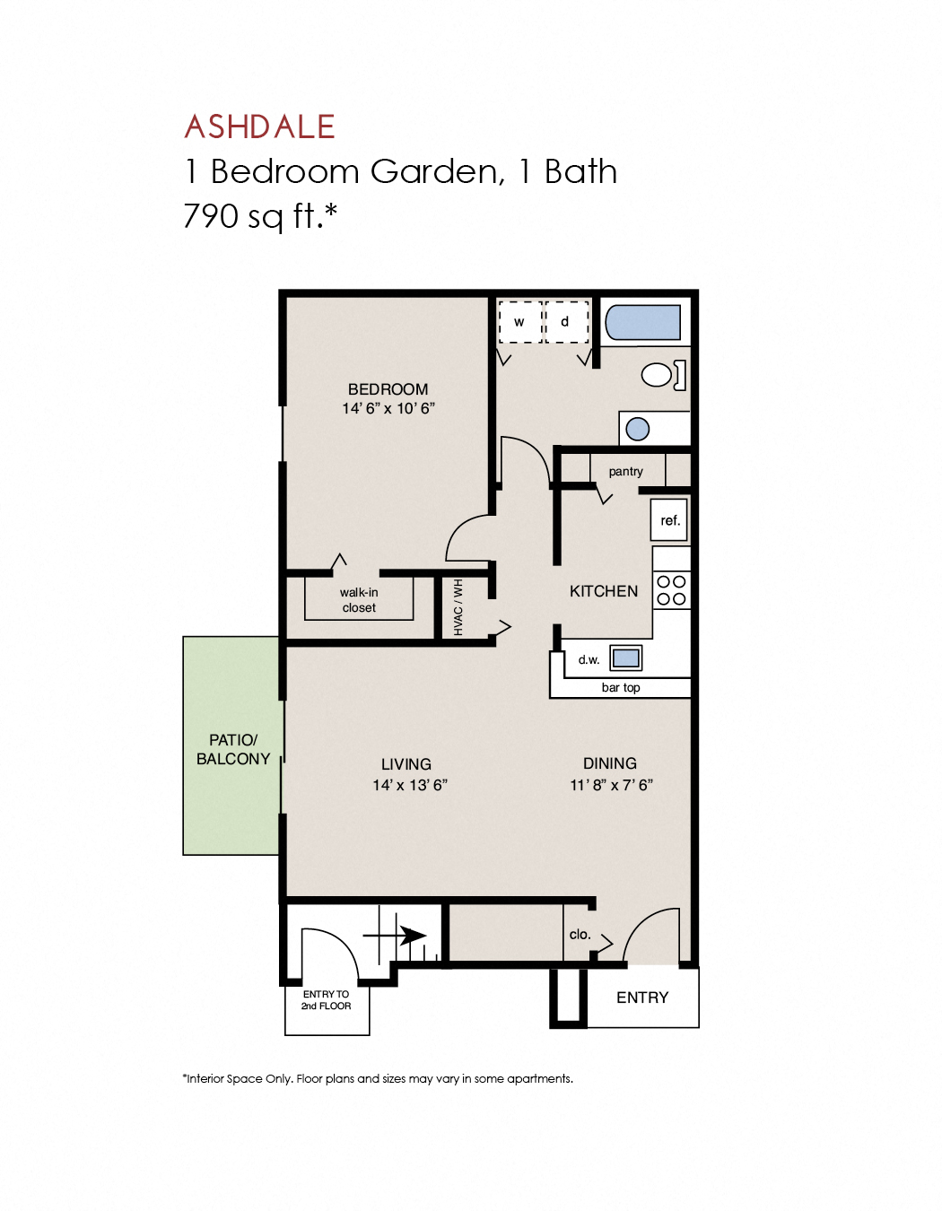 Floor plan for 1 bed, 1 bath, 821 sqft