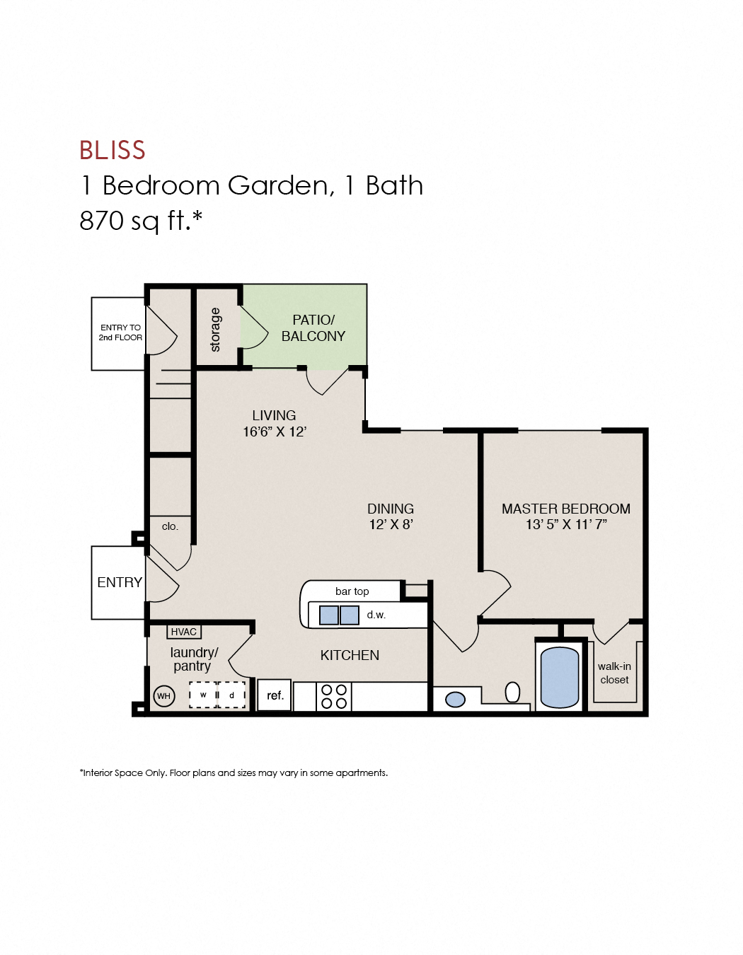 Floor plan for 1 bed, 1 bath, 911 sqft