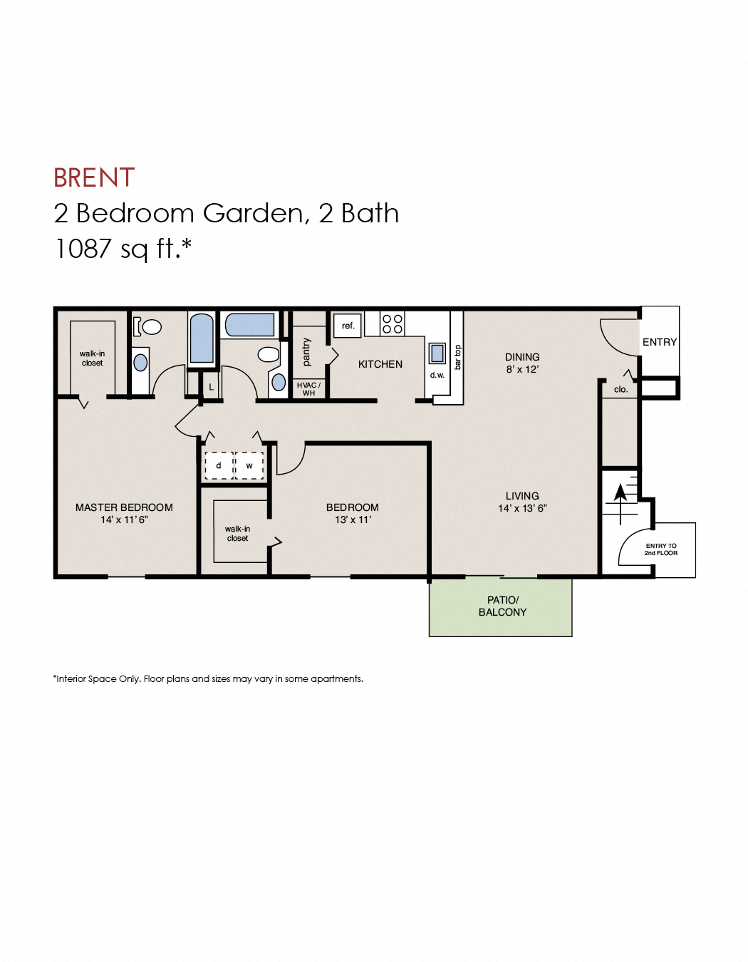 Floor plan for 2 beds, 2 baths, 1109 sqft