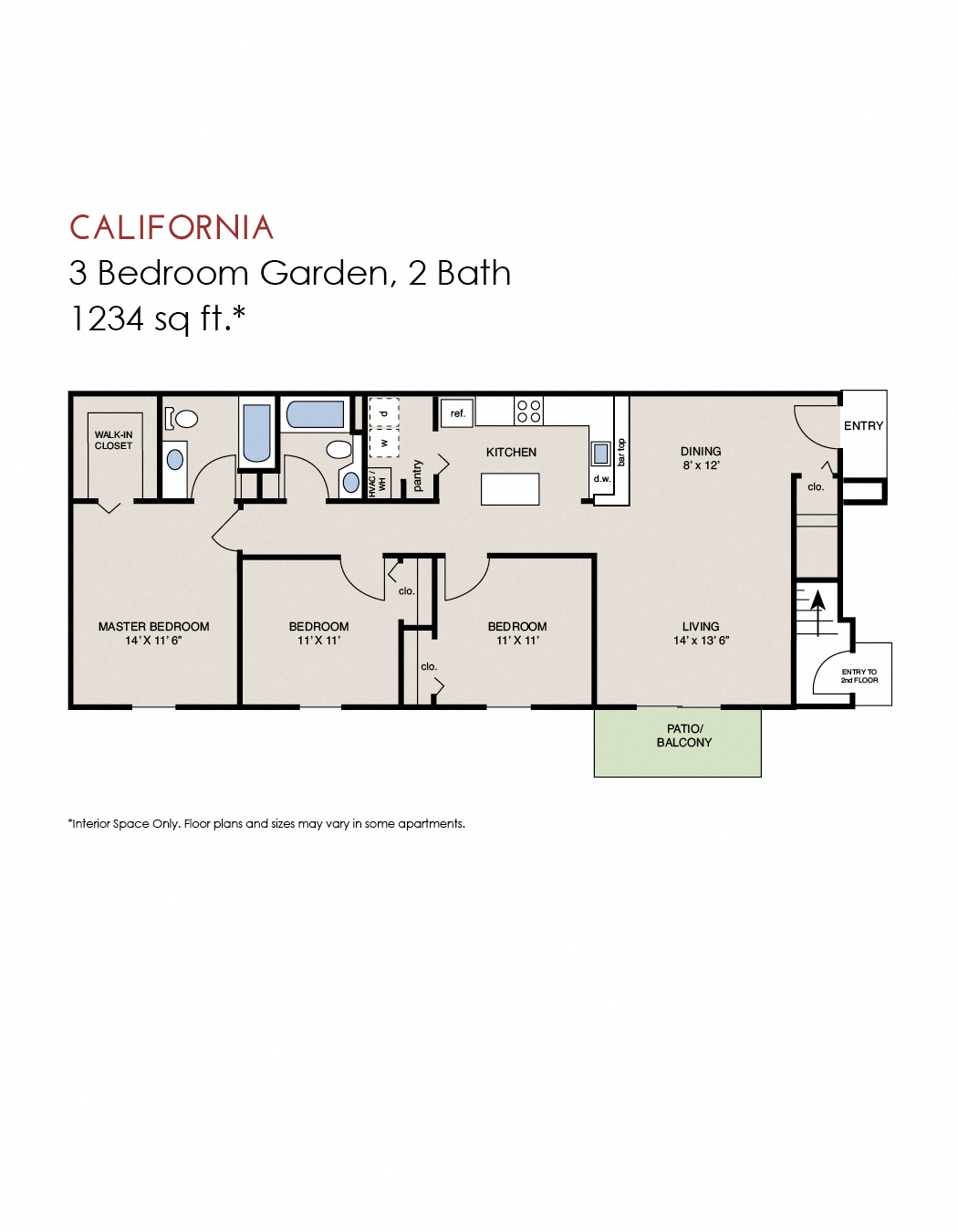 Floor plan for 3 beds, 2 baths, 1260 sqft