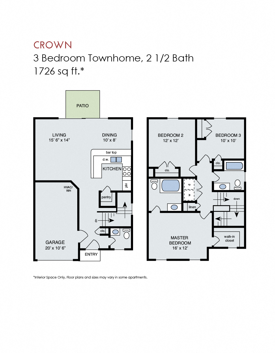 Floor plan for 3 beds, 2.5 baths, 1726 sqft