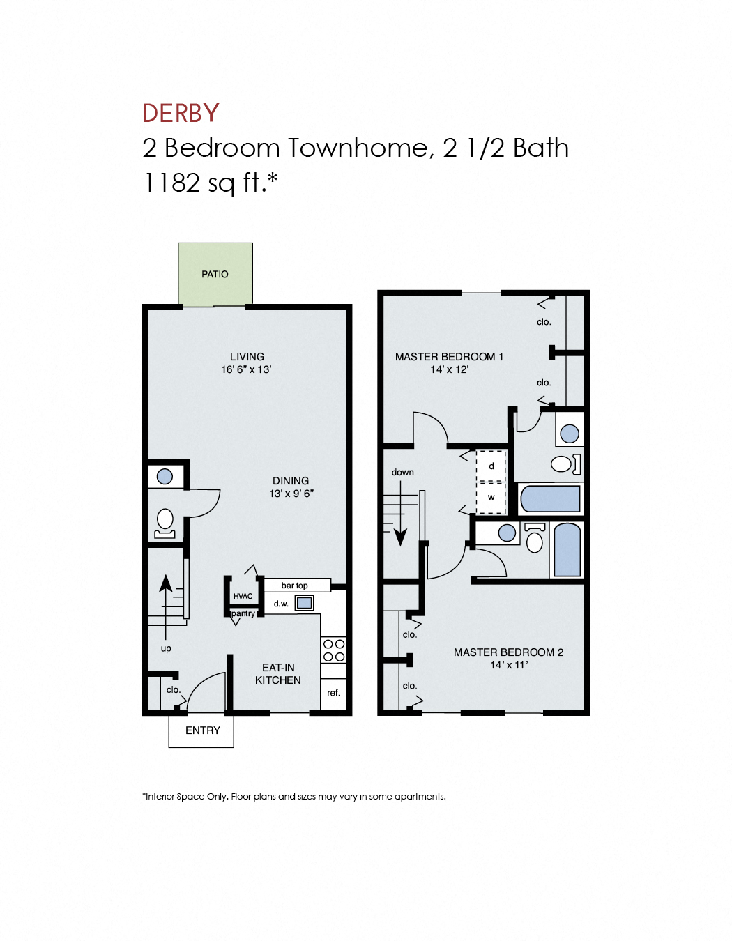 Floor plan for 2 beds, 2.5 baths, 1182 sqft