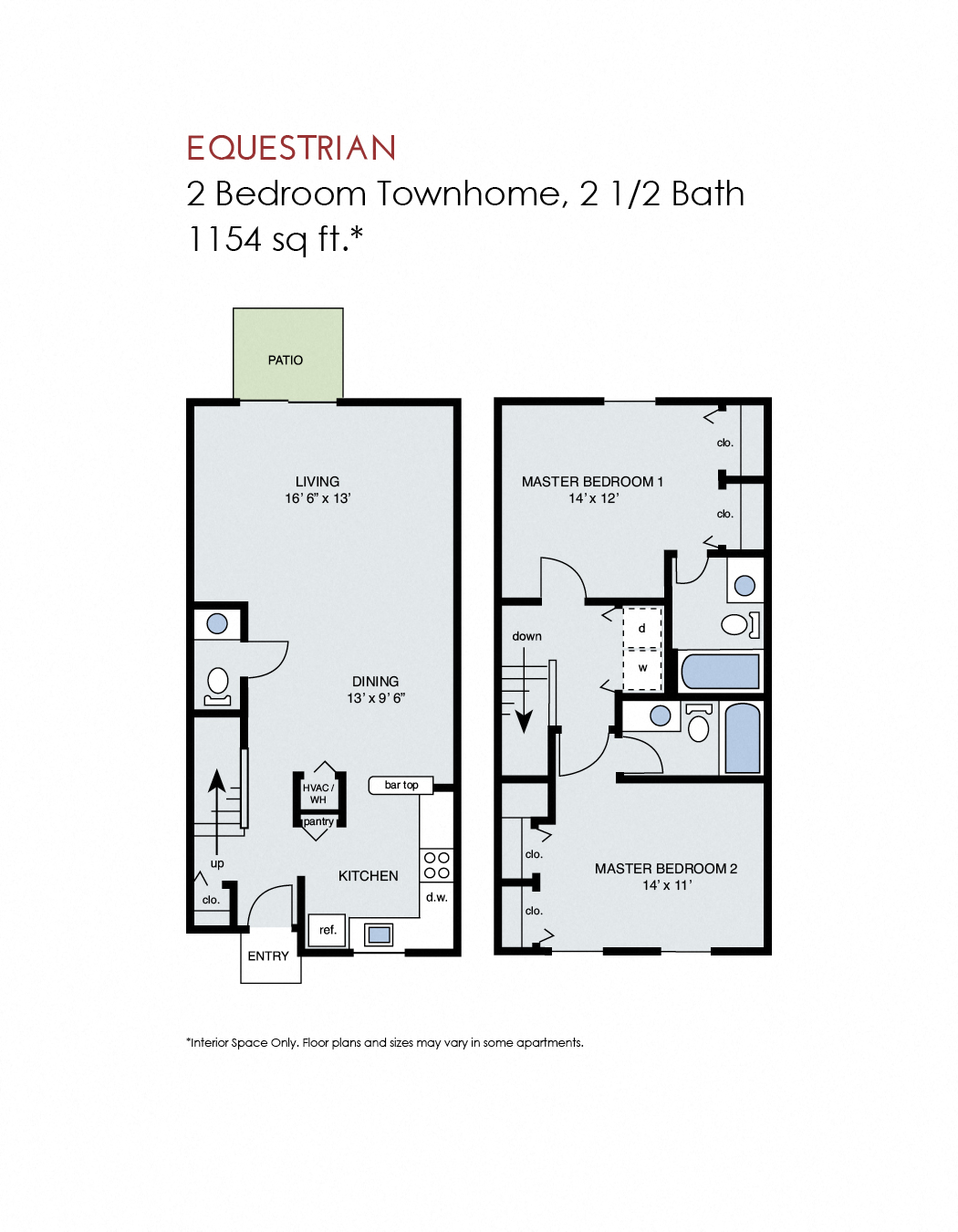 Floor plan for 2 beds, 2.5 baths, 1154 sqft