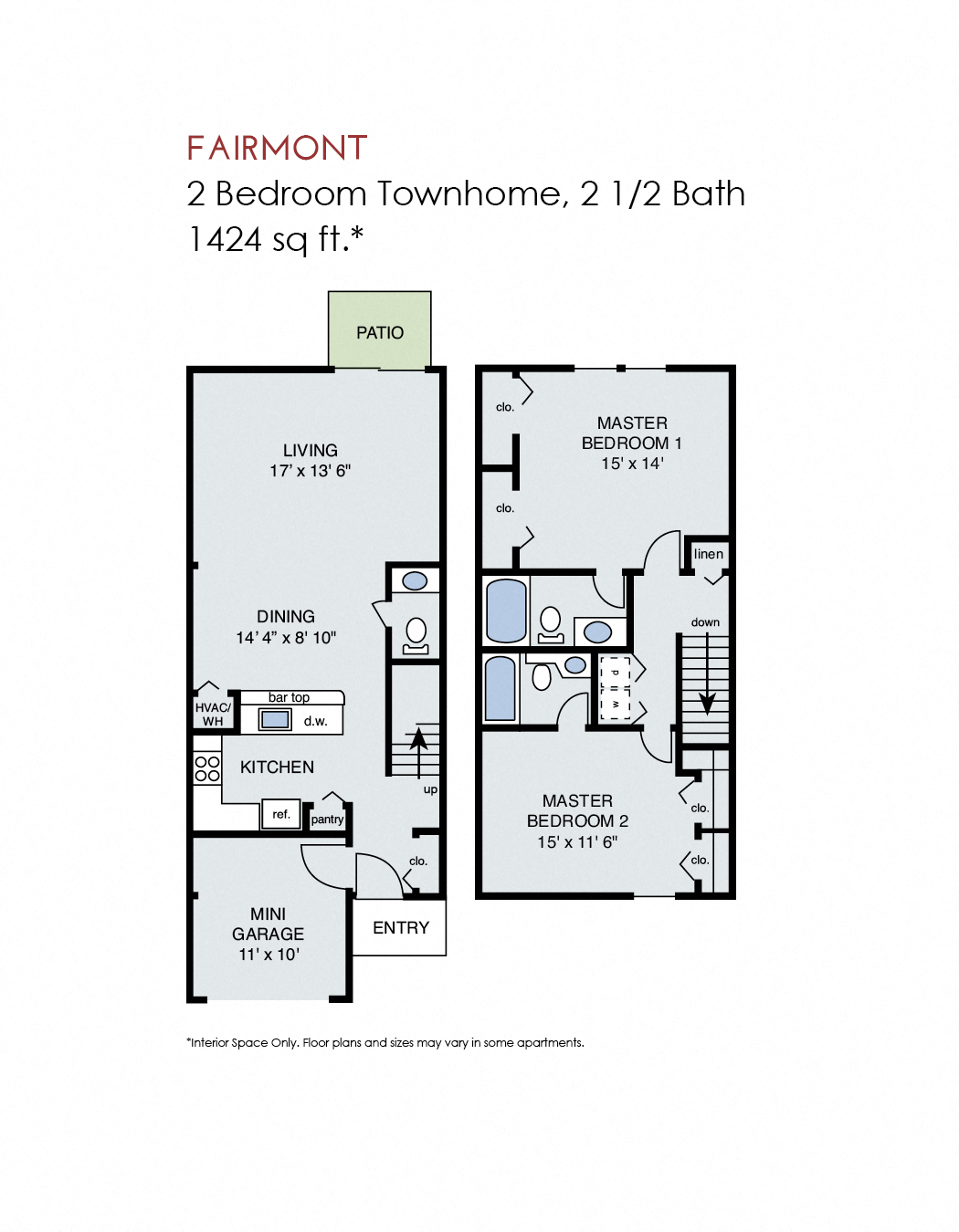 Floor plan for 2 beds, 2.5 baths, 1432 sqft