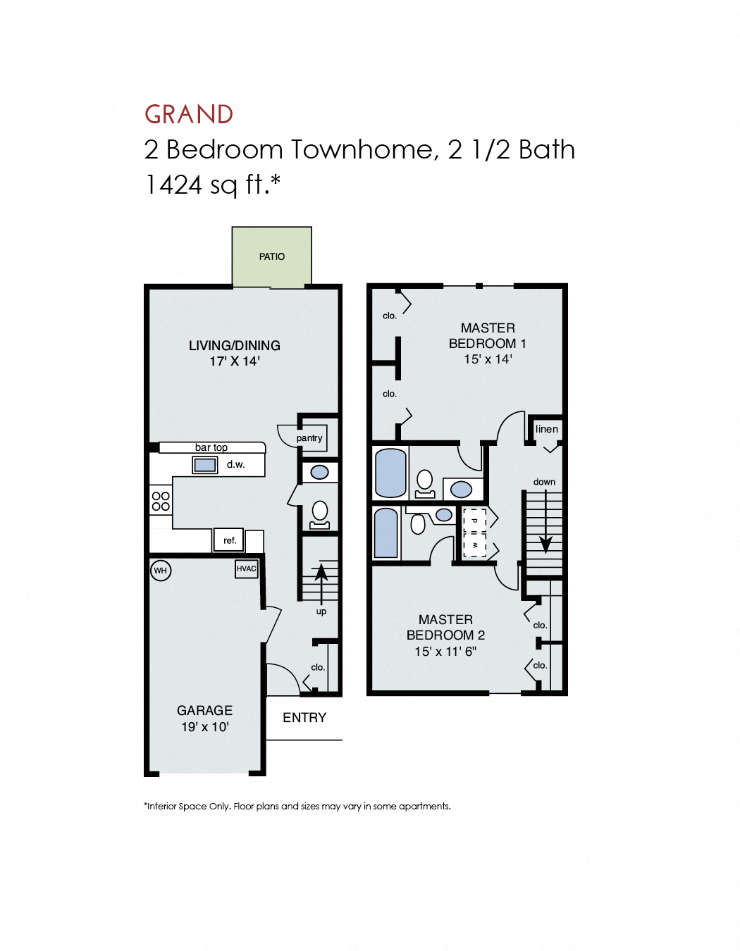 Floor plan for 2 beds, 2.5 baths, 1424 sqft
