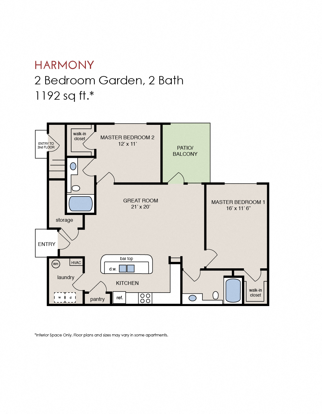 Floor plan for 2 beds, 2 baths, 1144 sqft