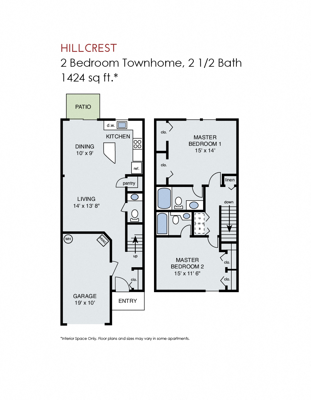 Floor plan for 2 beds, 2.5 baths, 1424 sqft