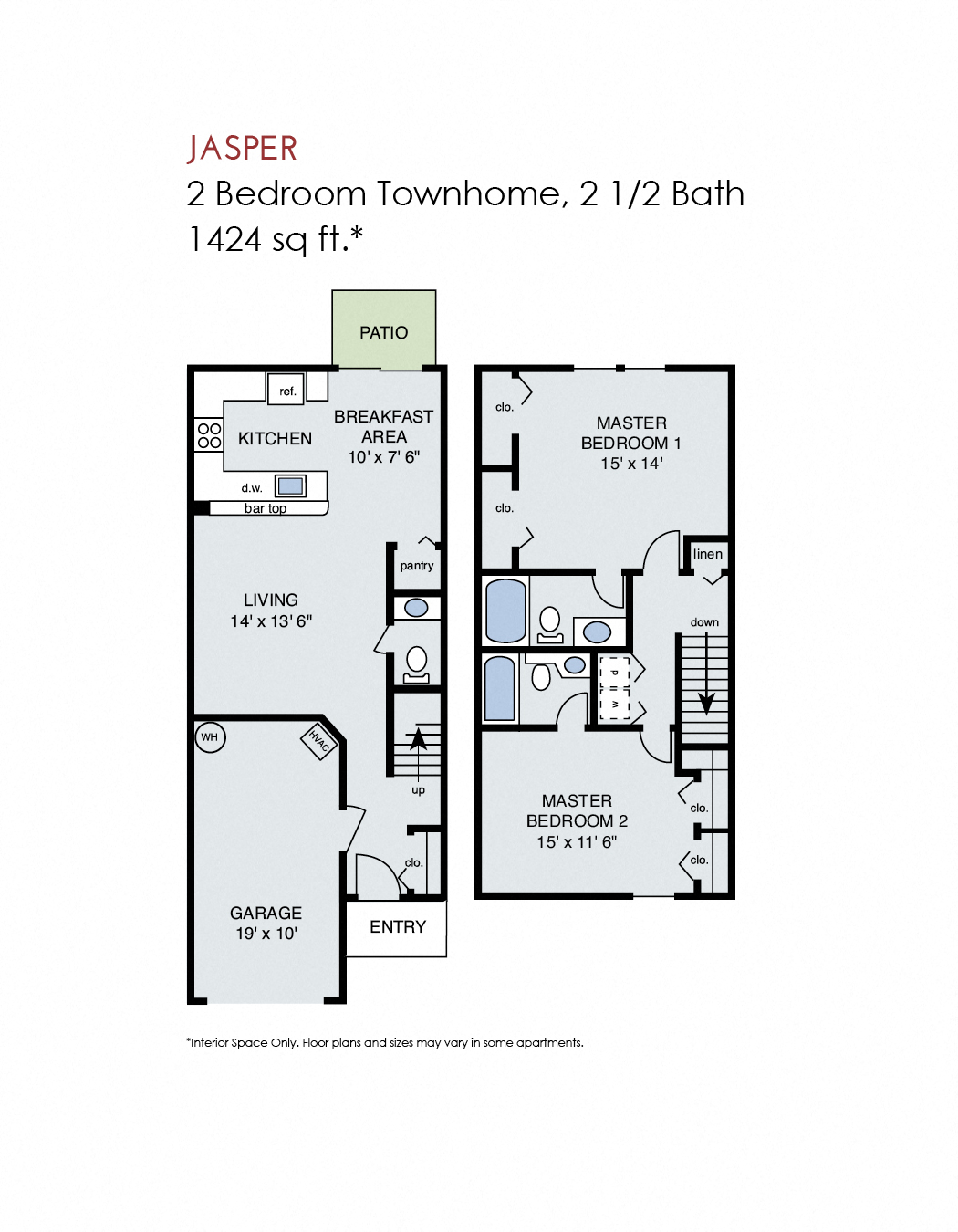 Floor plan for 2 beds, 2.5 baths, 1424 sqft