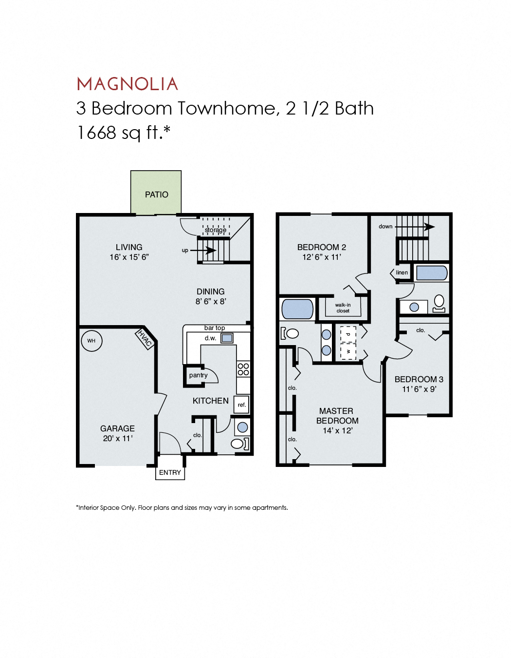 Floor plan for 3 beds, 2.5 baths, 1668 sqft