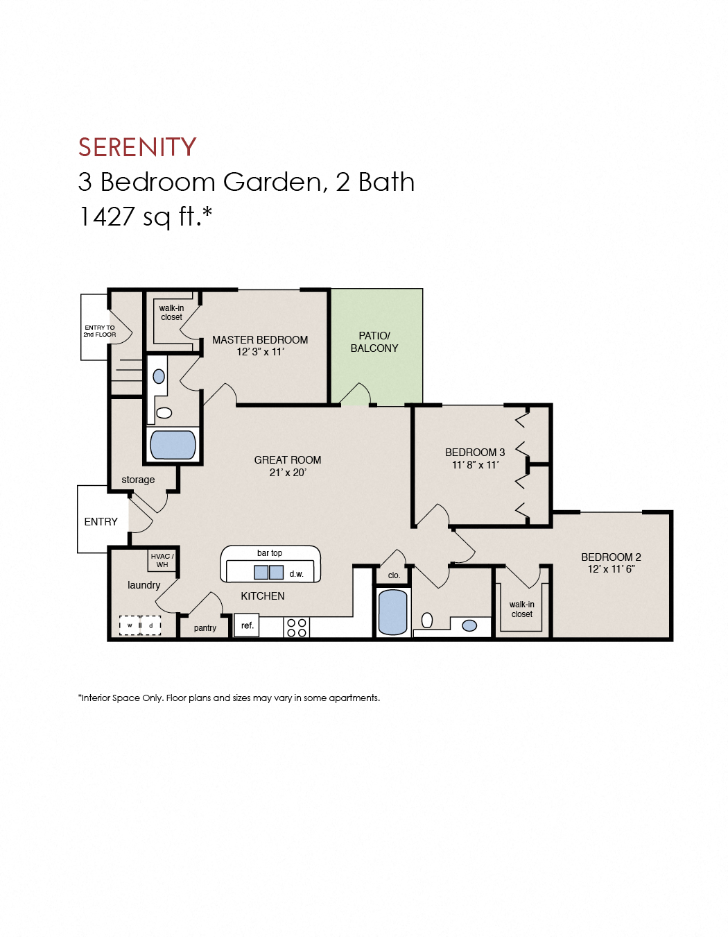 Floor plan for 3 beds, 2 baths, 1384 sqft