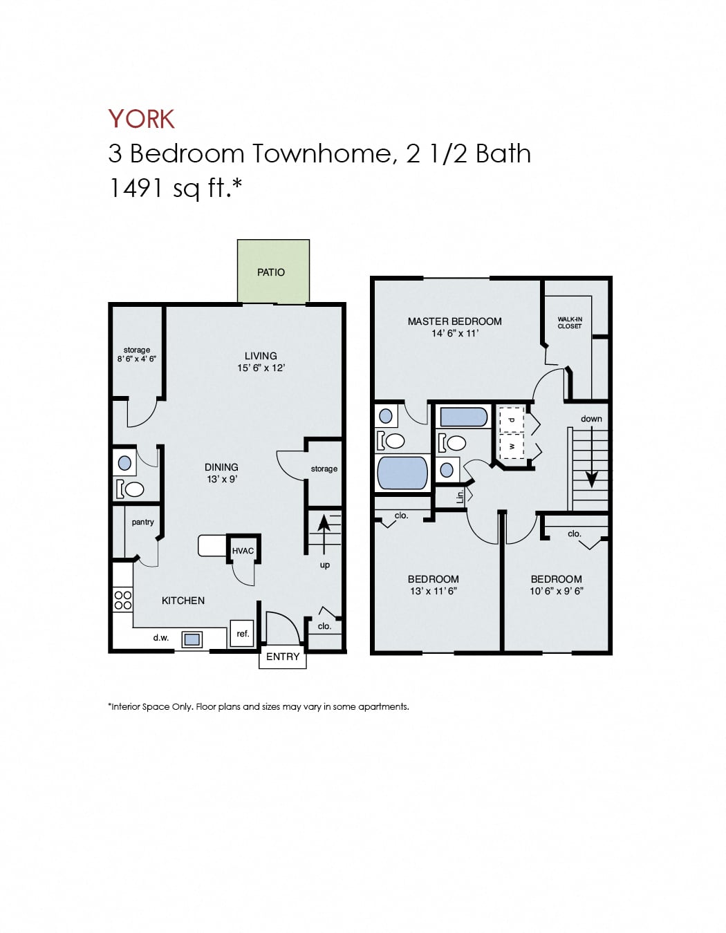 Floor plan for 3 beds, 2.5 baths, 1491 sqft
