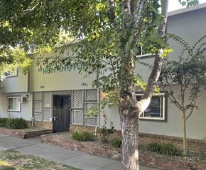 Sacramento apartment for rent - A tree in front of a building with a black door.