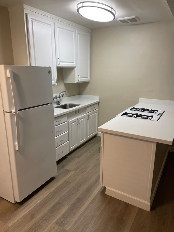 Sacramento apartment for rent - A kitchen with a white refrigerator and a white countertop with a stove on it.