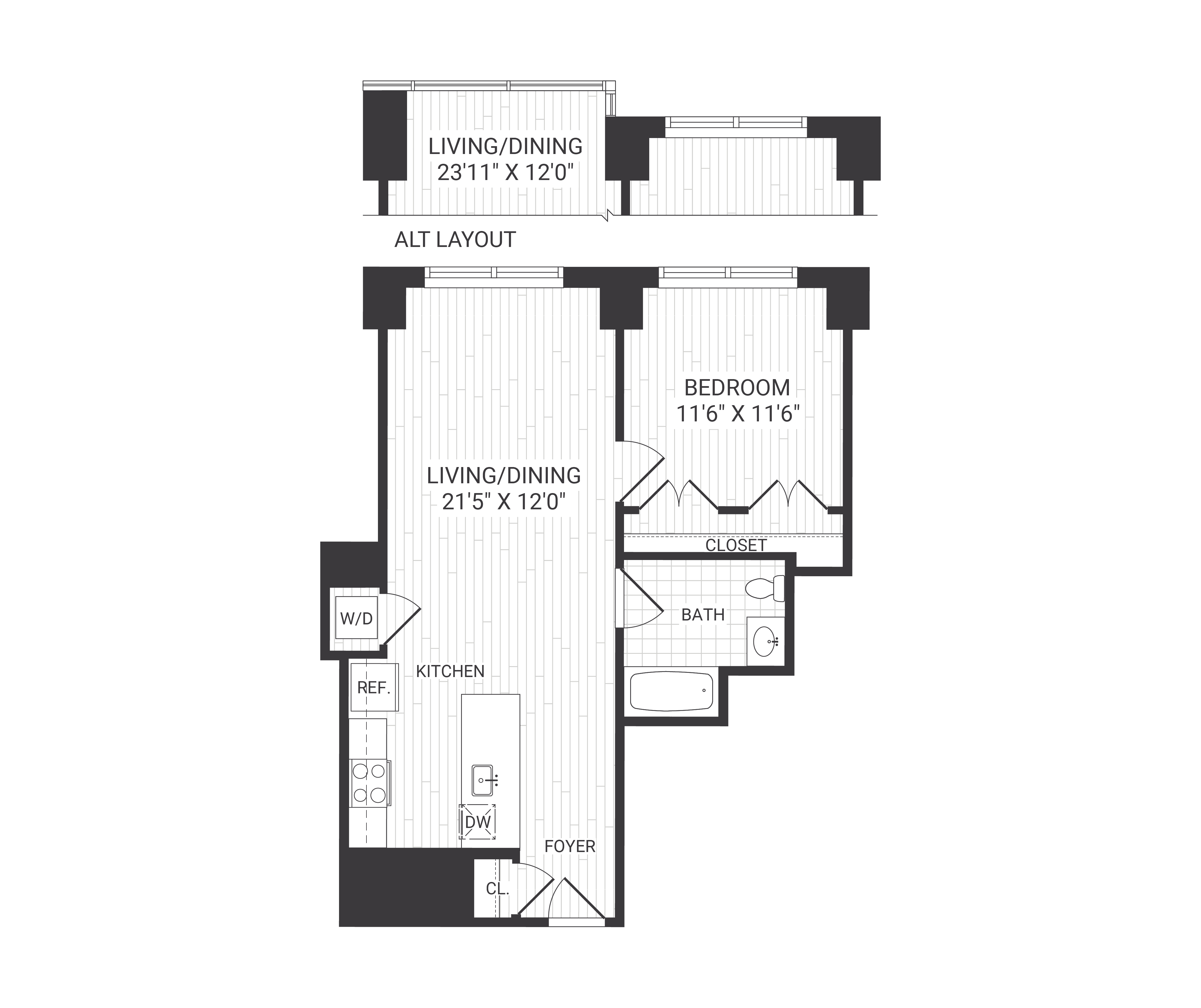 Floor plan for 1 bed, 1 bath, 704 sqft