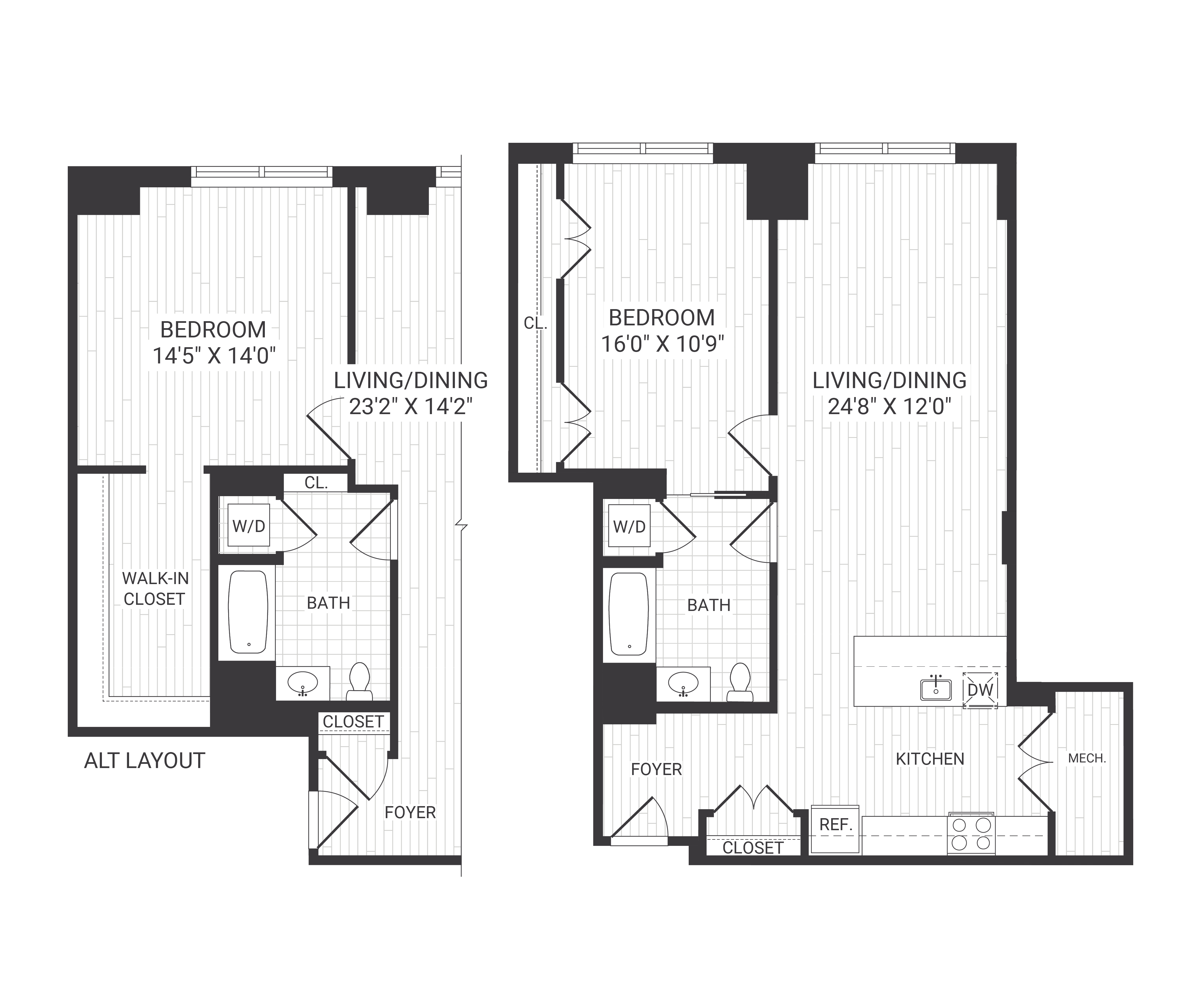 Floor plan for 1 bed, 1 bath, 905 sqft