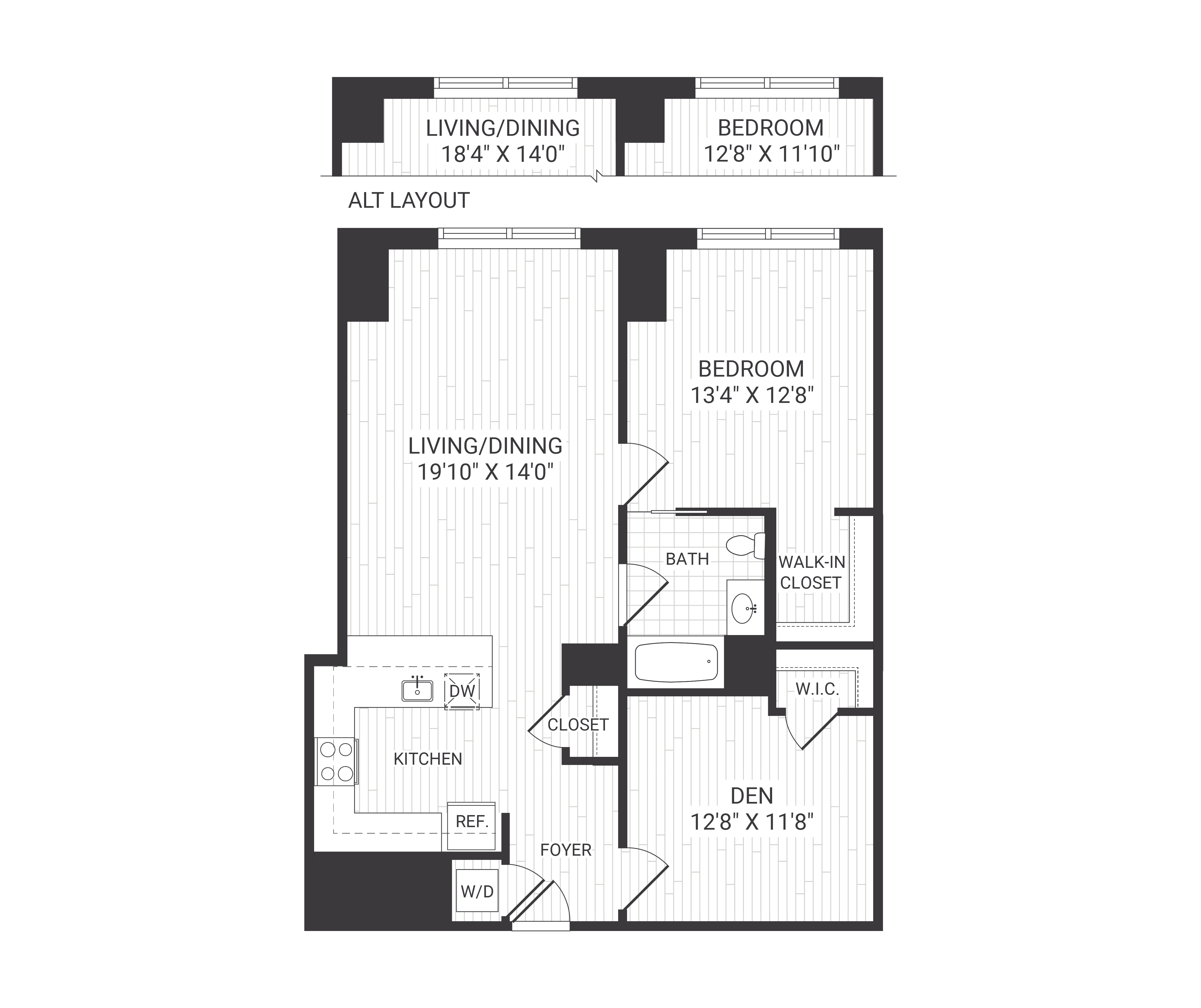 Floor plan for 1 bed, 1 bath, 947 sqft