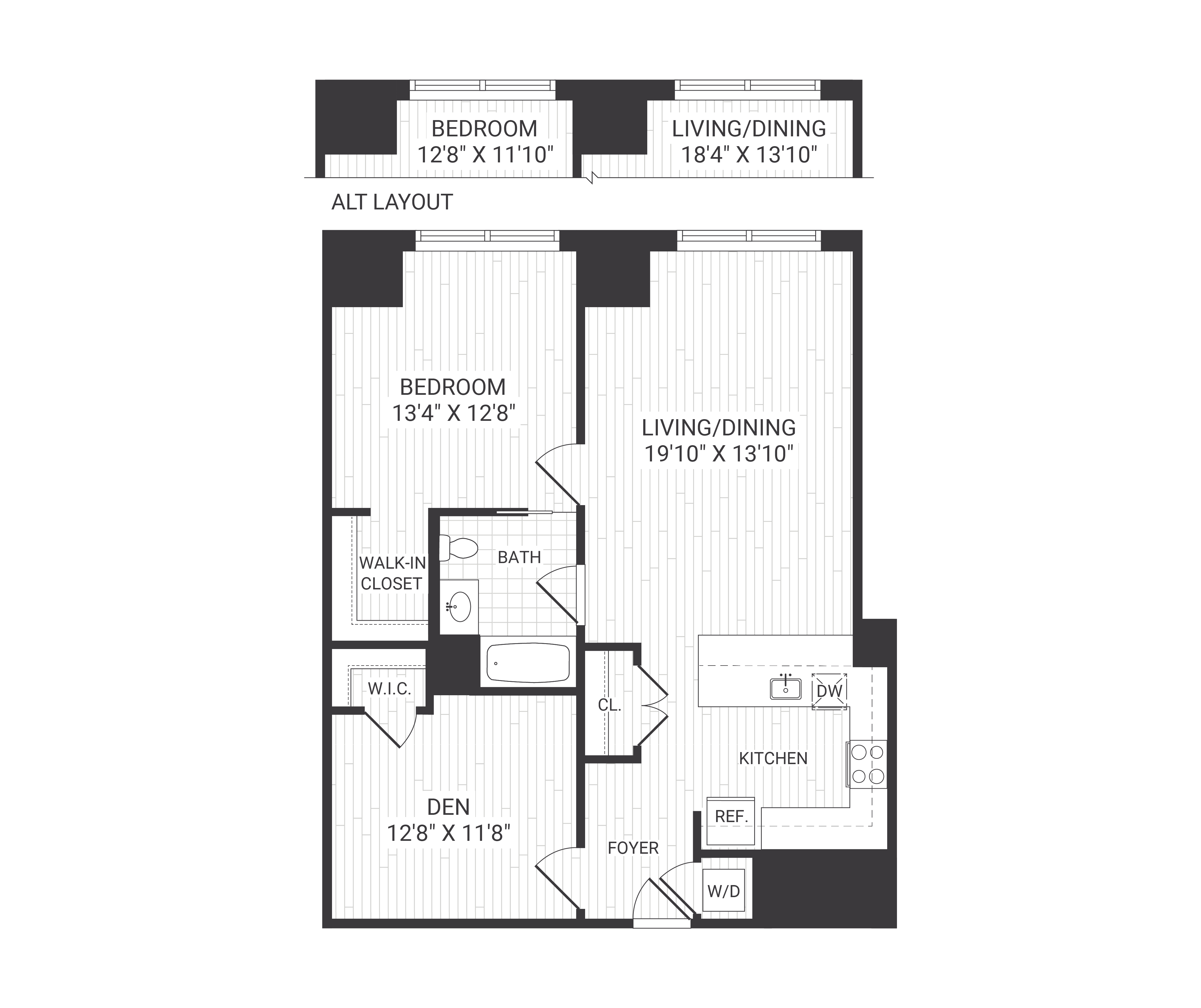 Floor plan for 1 bed, 1 bath, 949 sqft