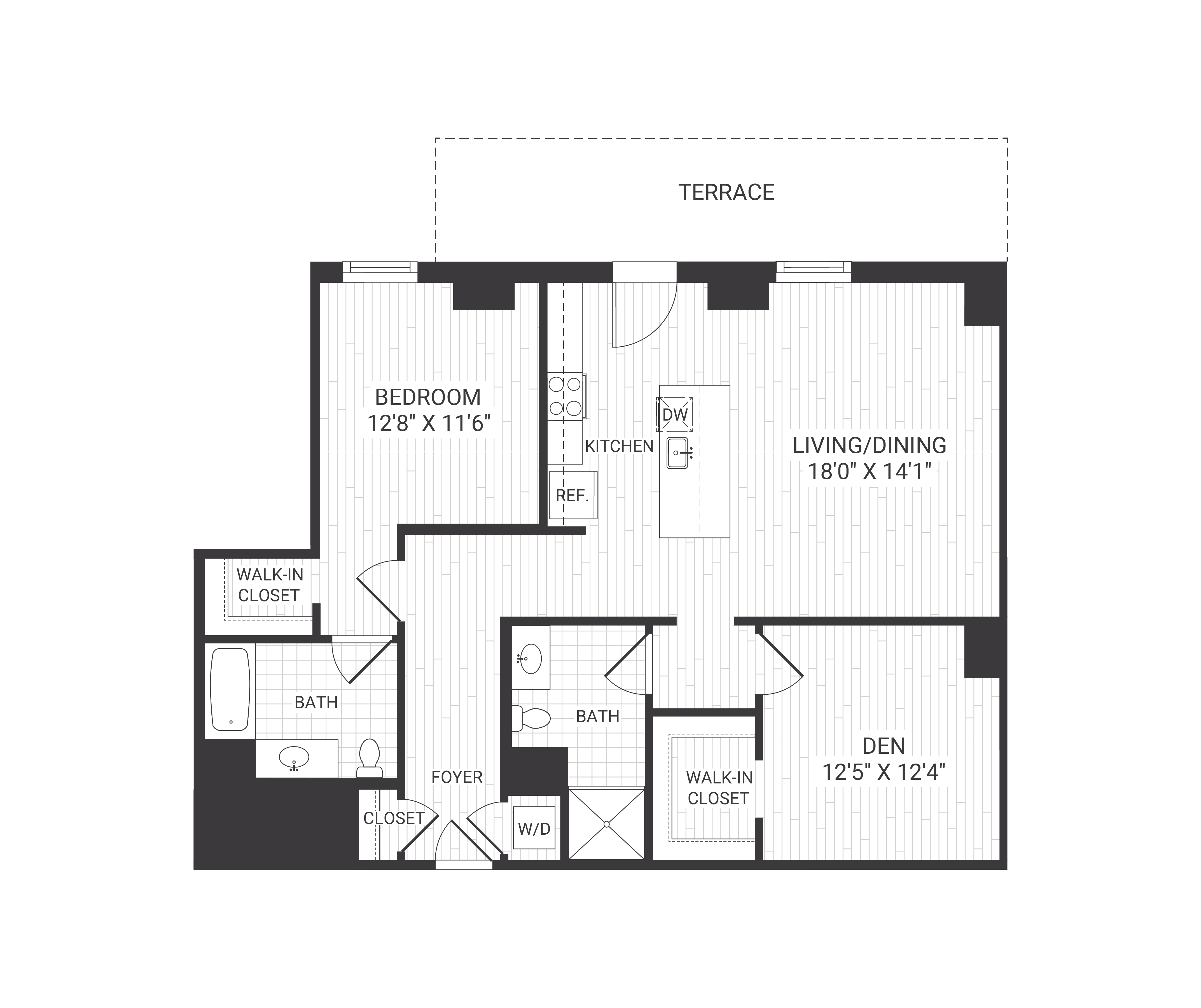 Floor plan for 1 bed, 2 baths, 1190 sqft