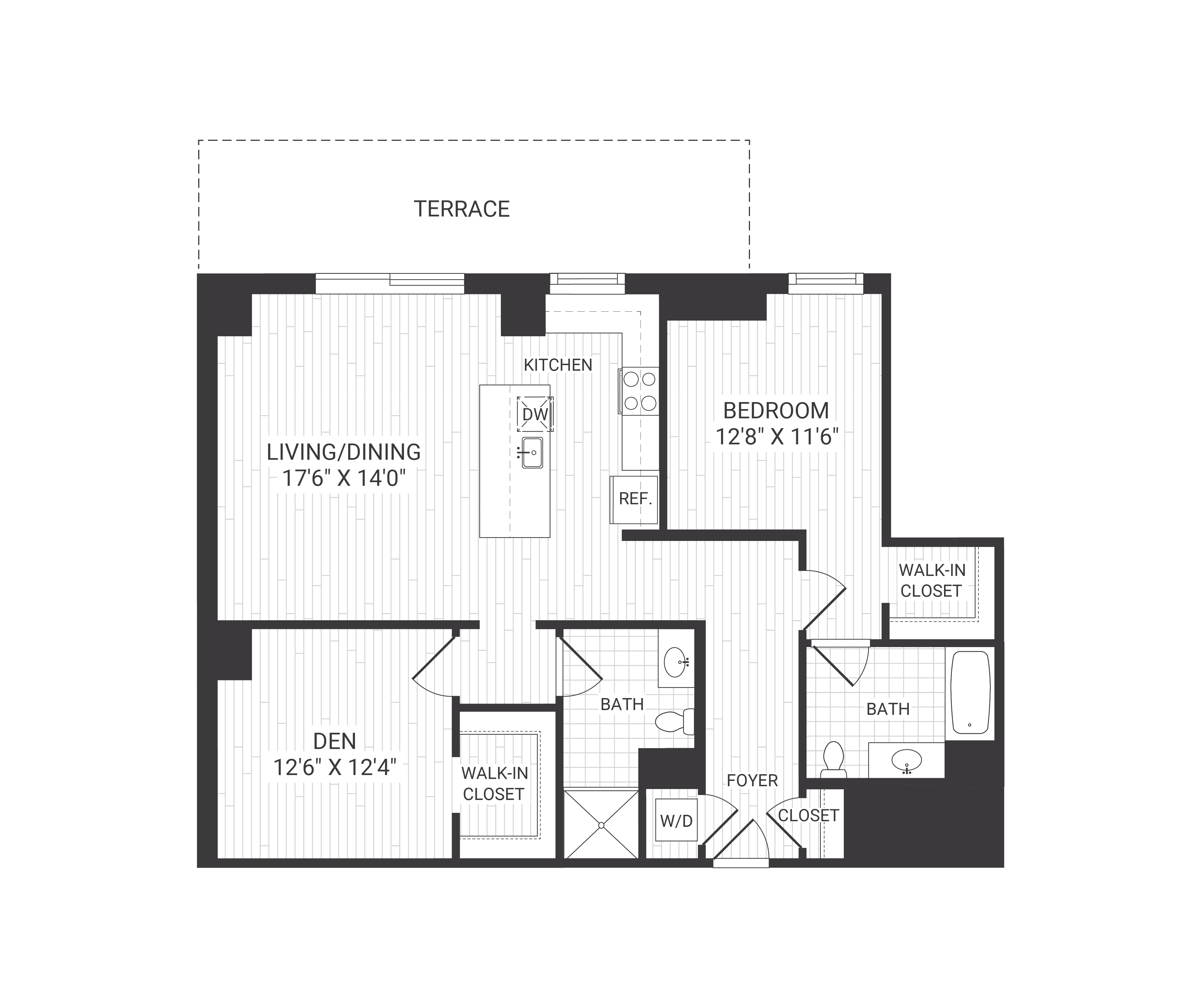 Floor plan for 1 bed, 2 baths, 1200 sqft