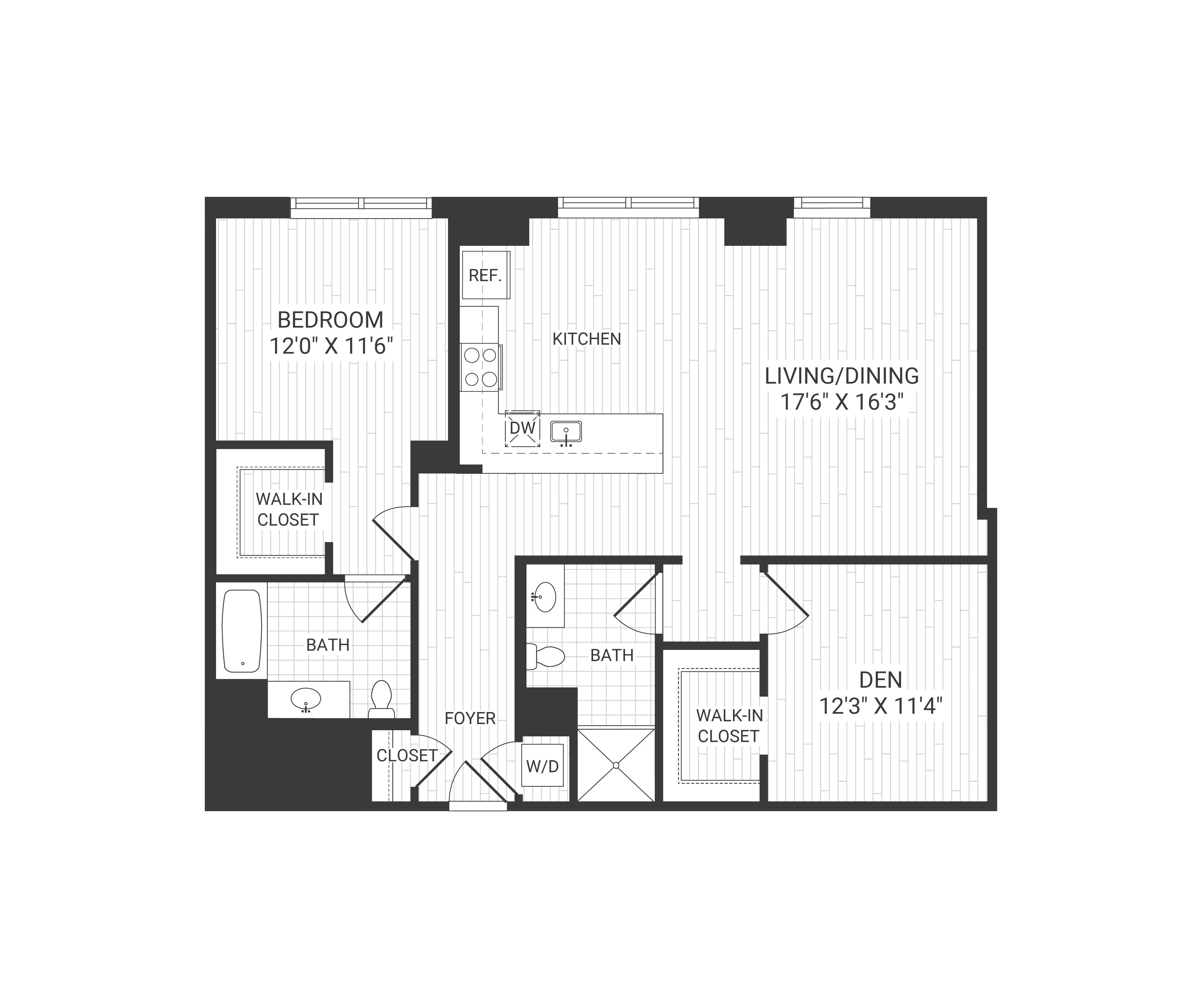 Floor plan for 1 bed, 2 baths, 1220 sqft