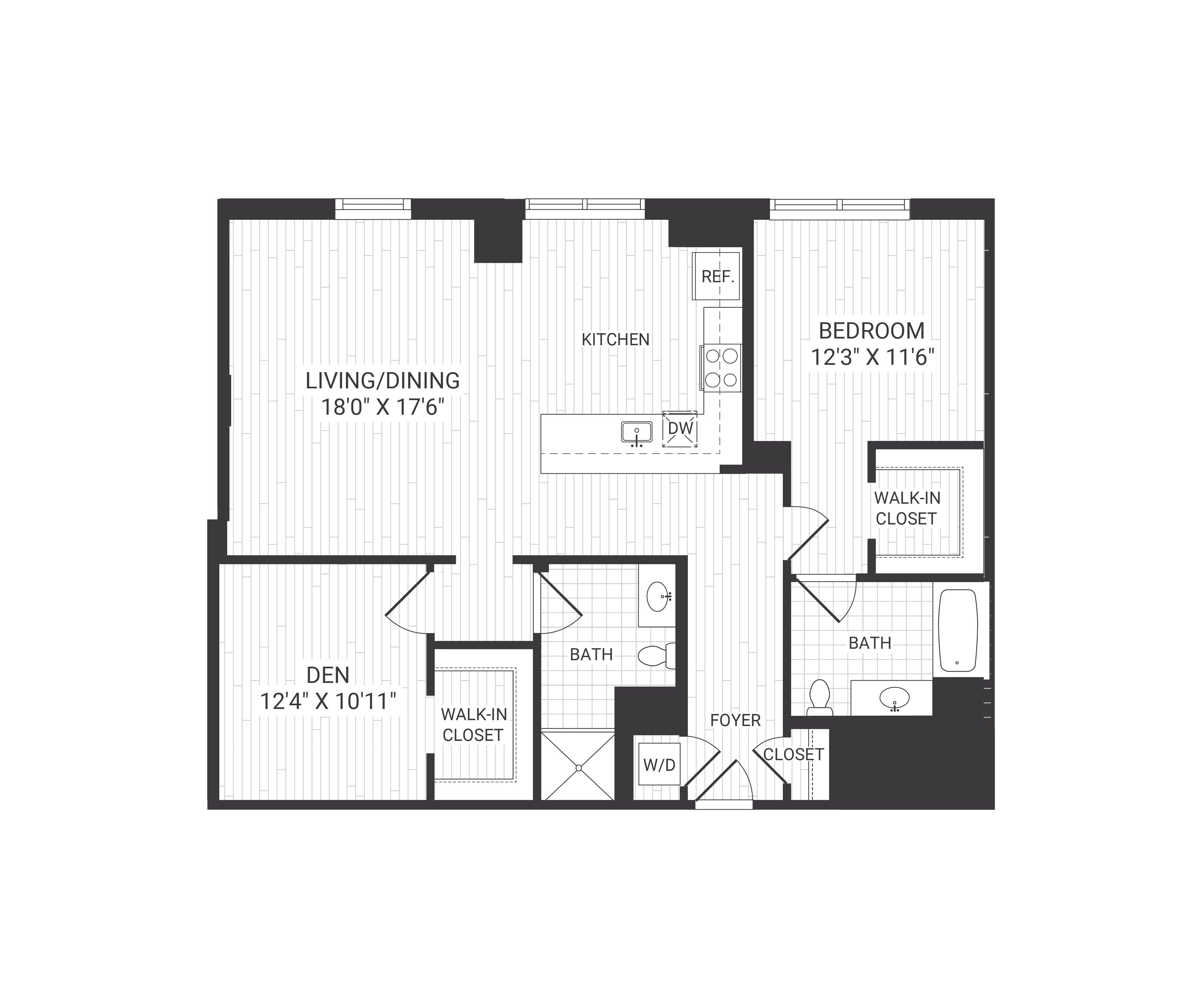 Floor plan for 1 bed, 2 baths, 1220 sqft