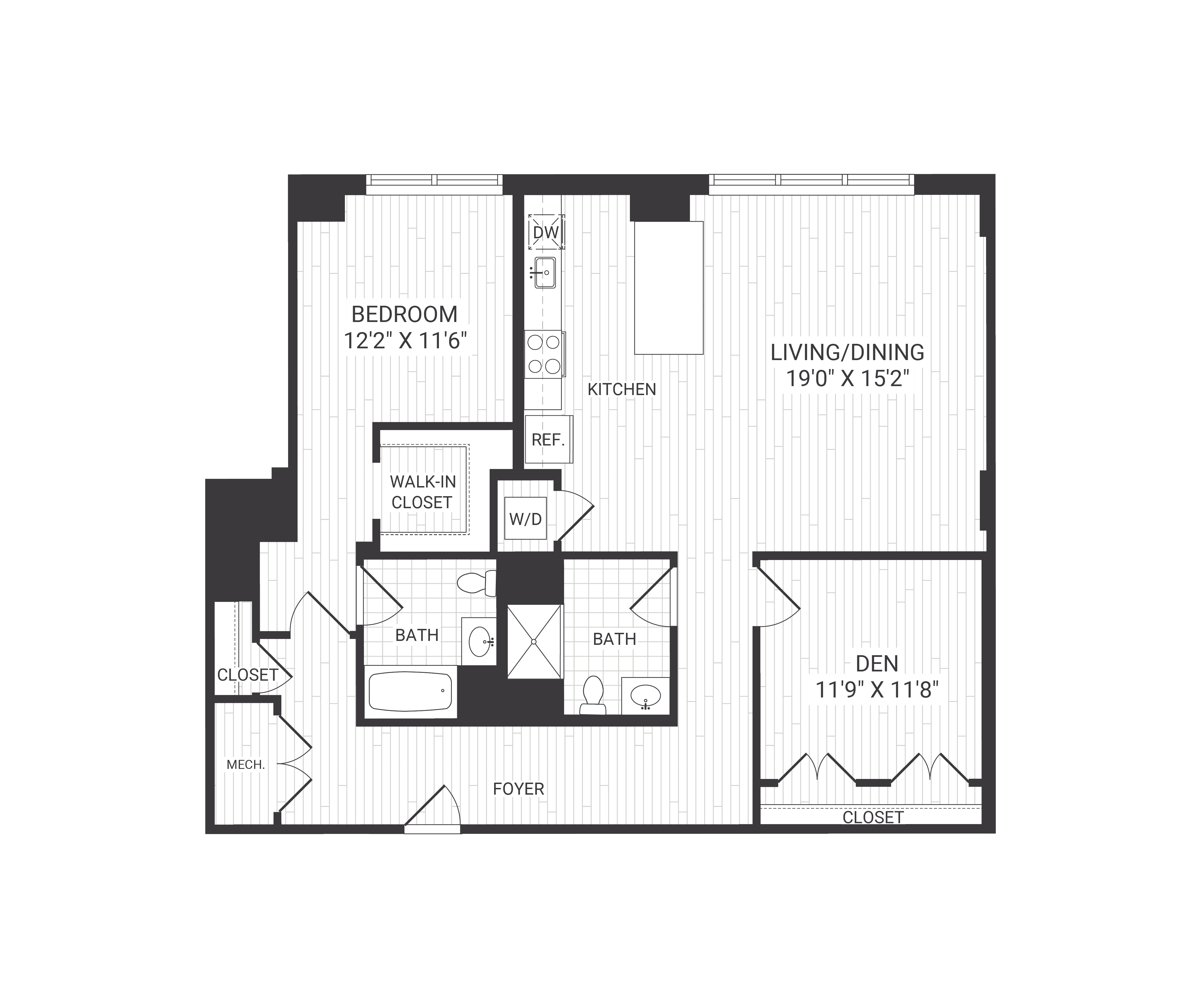 Floor plan for 1 bed, 2 baths, 1346 sqft