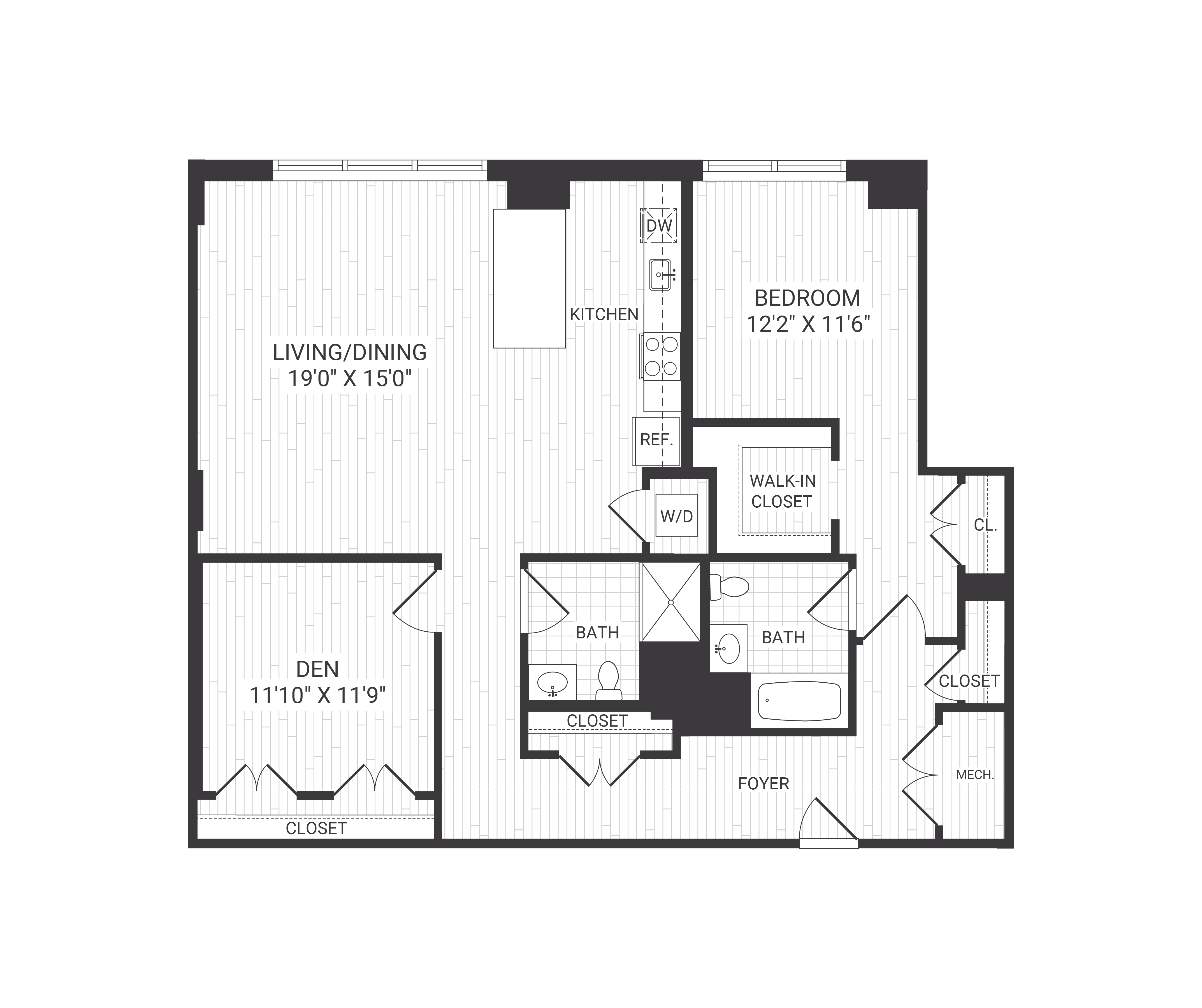 Floor plan for 1 bed, 2 baths, 1350 sqft