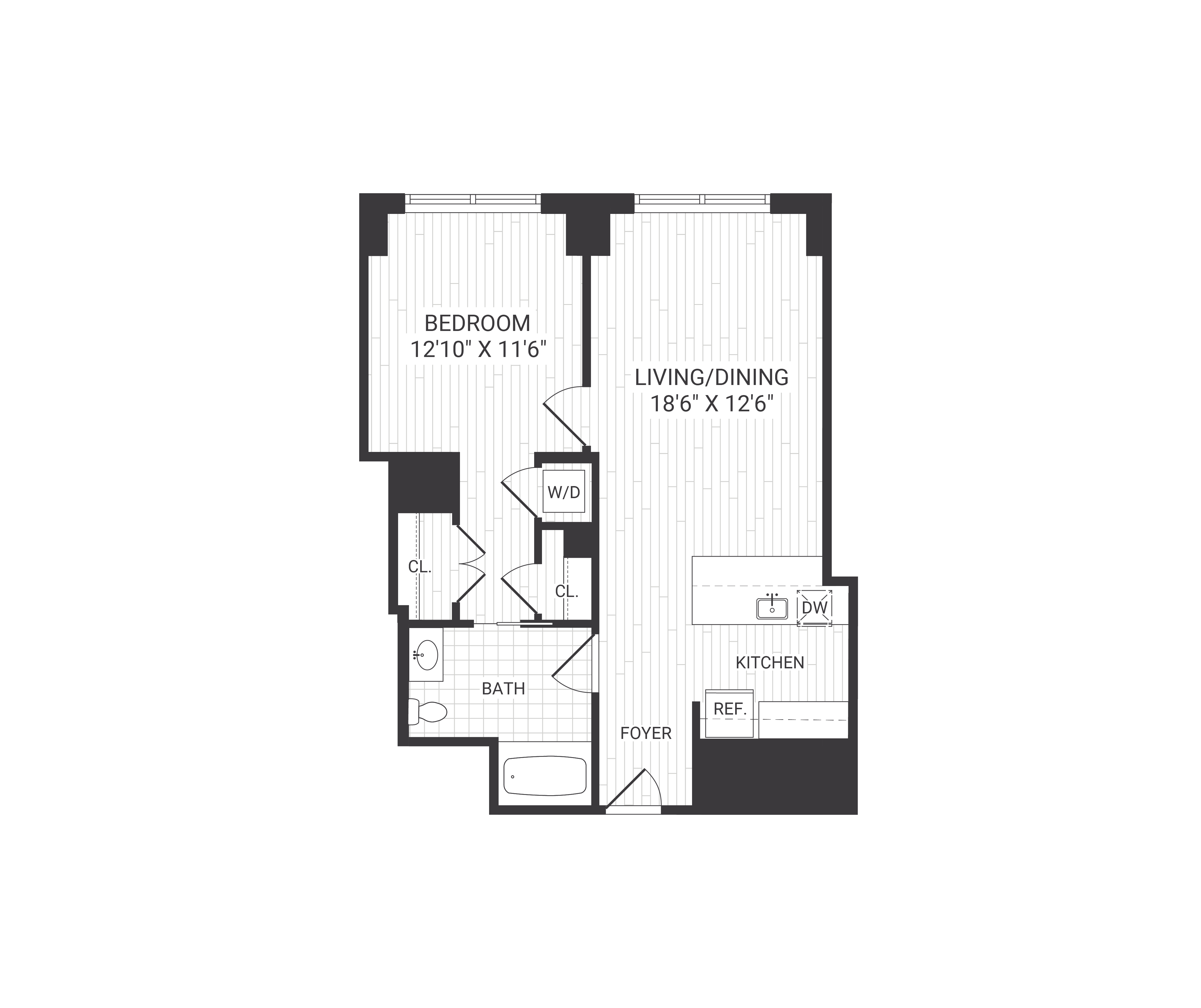 Floor plan for 1 bed, 1 bath, 760 sqft