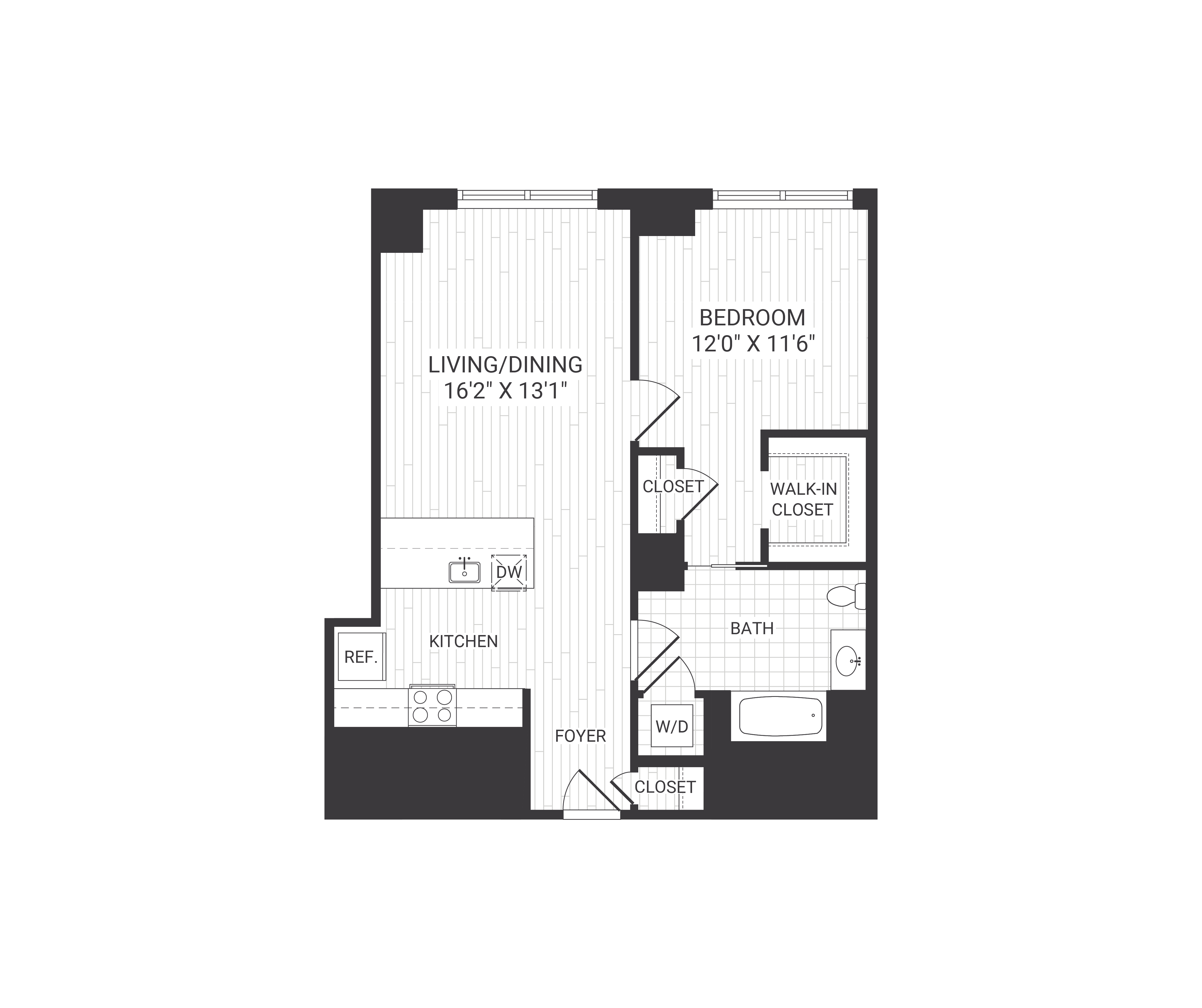 Floor plan for 1 bed, 1 bath, 800 sqft