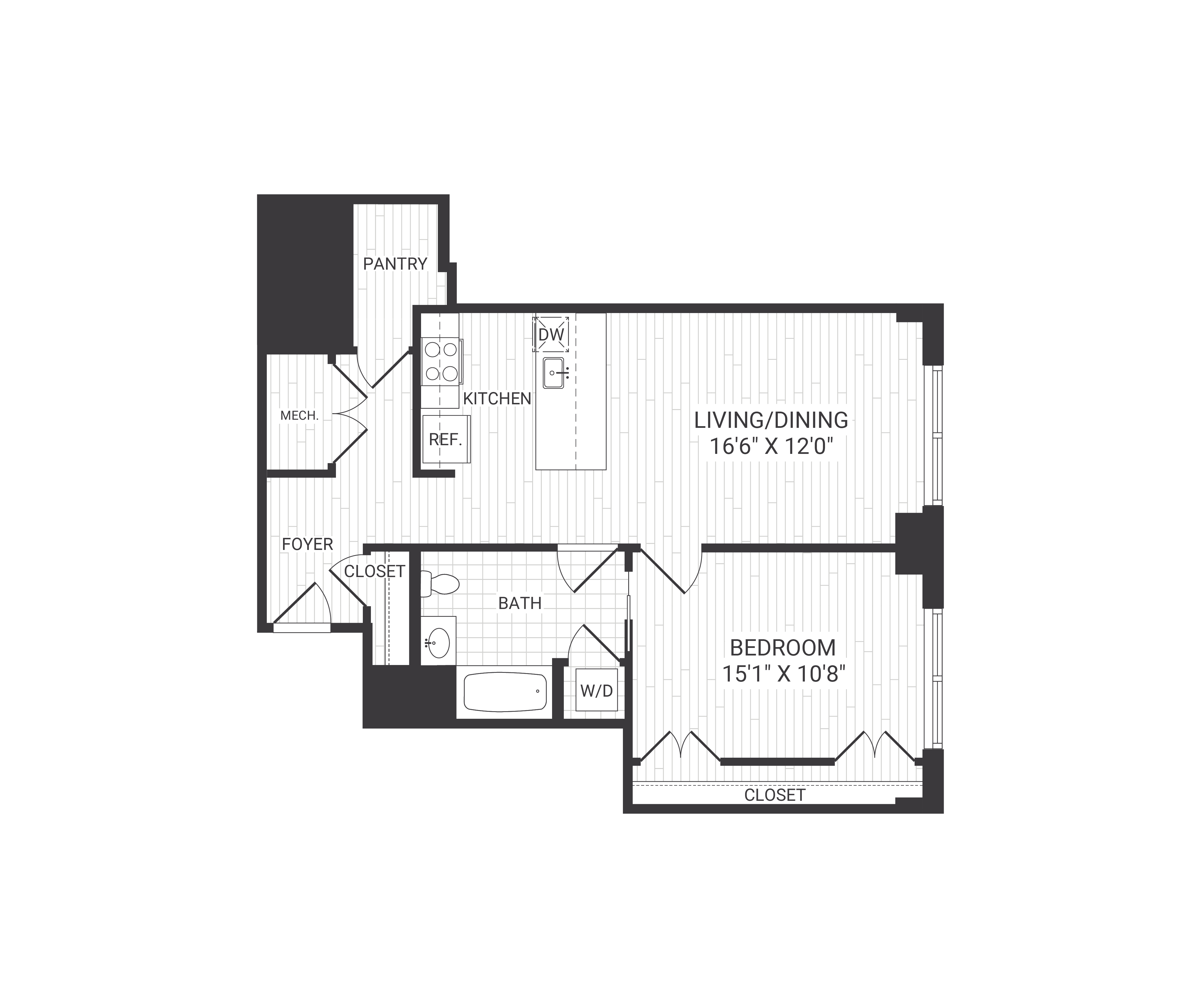 Floor plan for 1 bed, 1 bath, 803 sqft