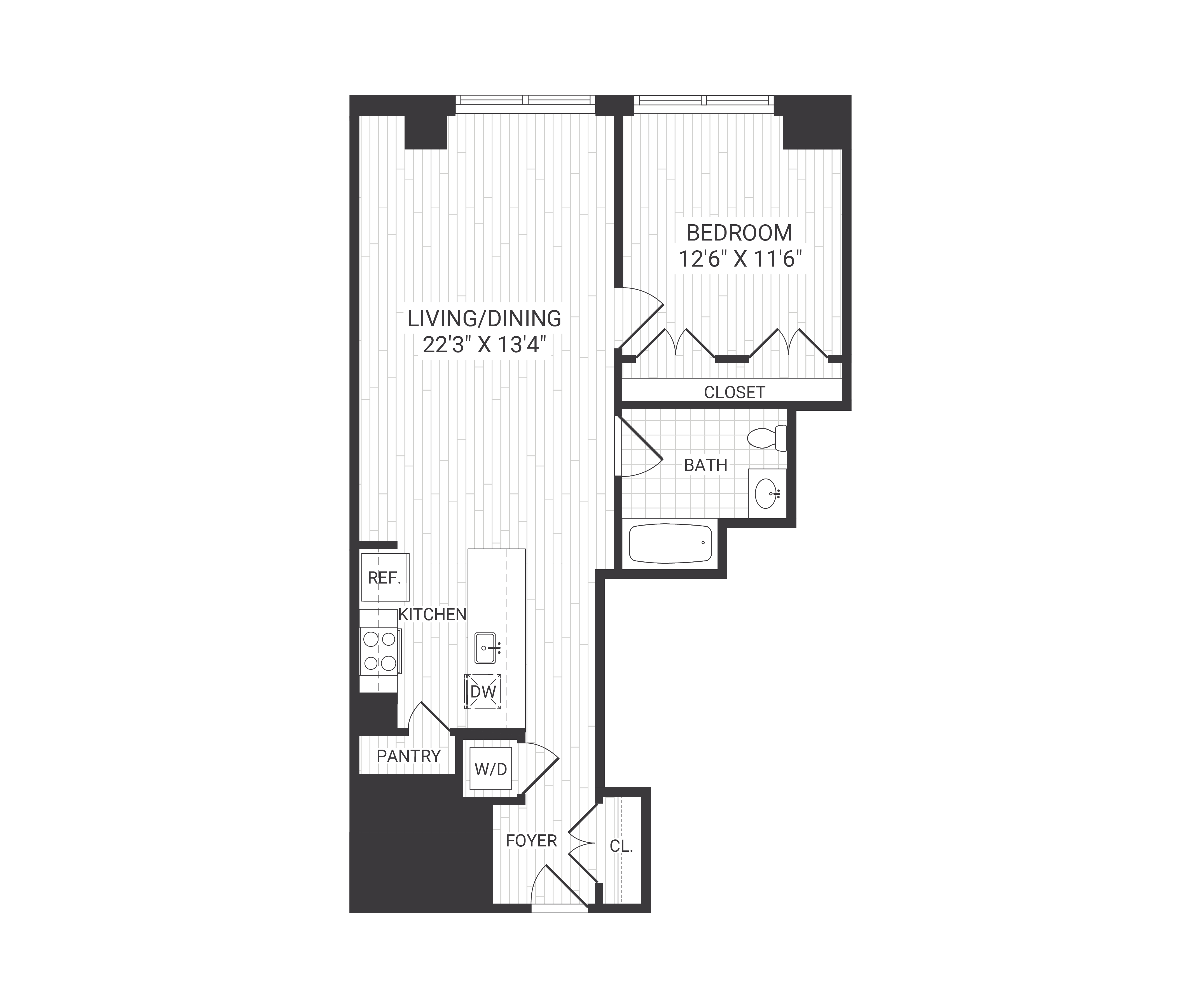 Floor plan for 1 bed, 1 bath, 822 sqft