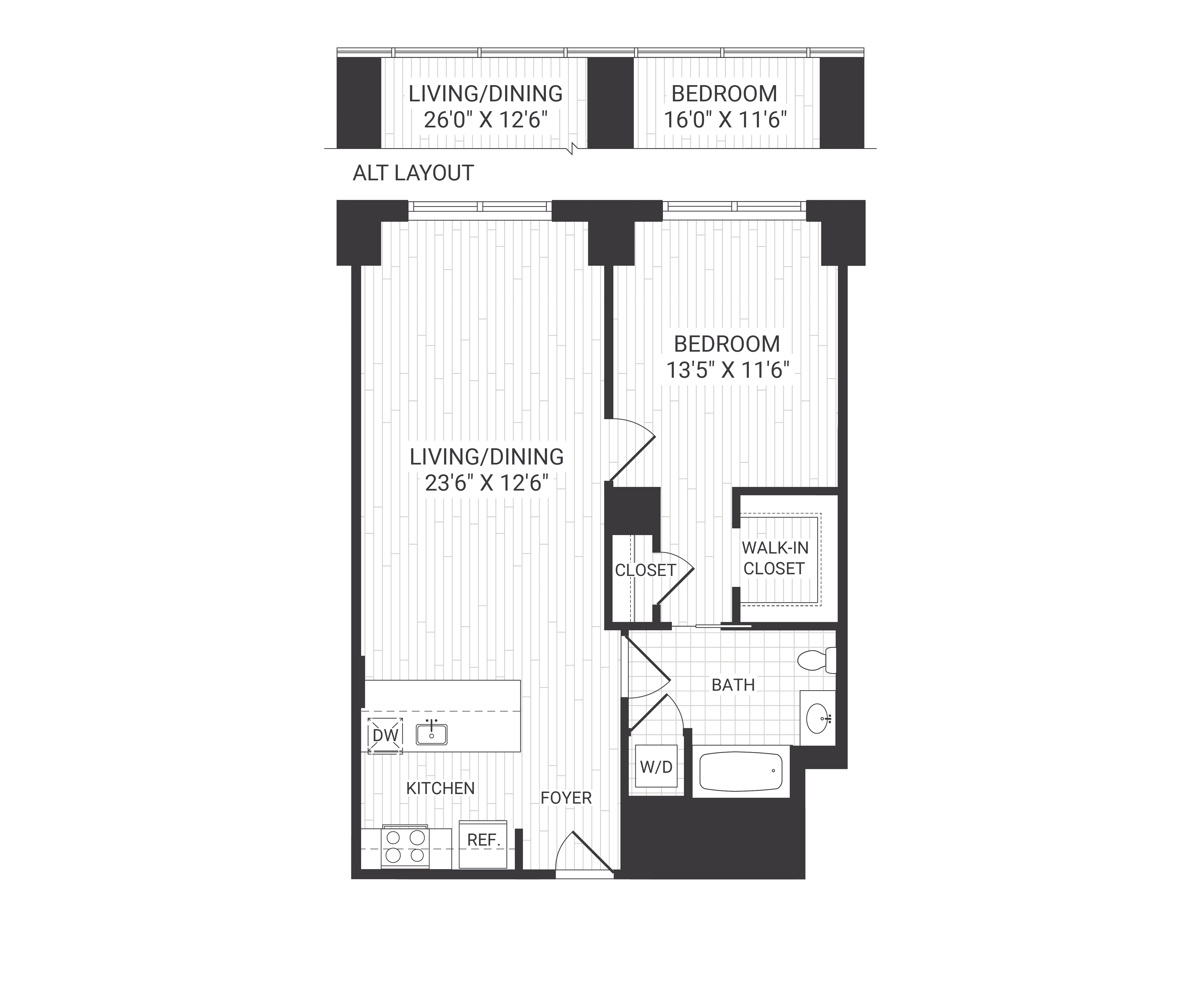 Floor plan for 1 bed, 1 bath, 891 sqft