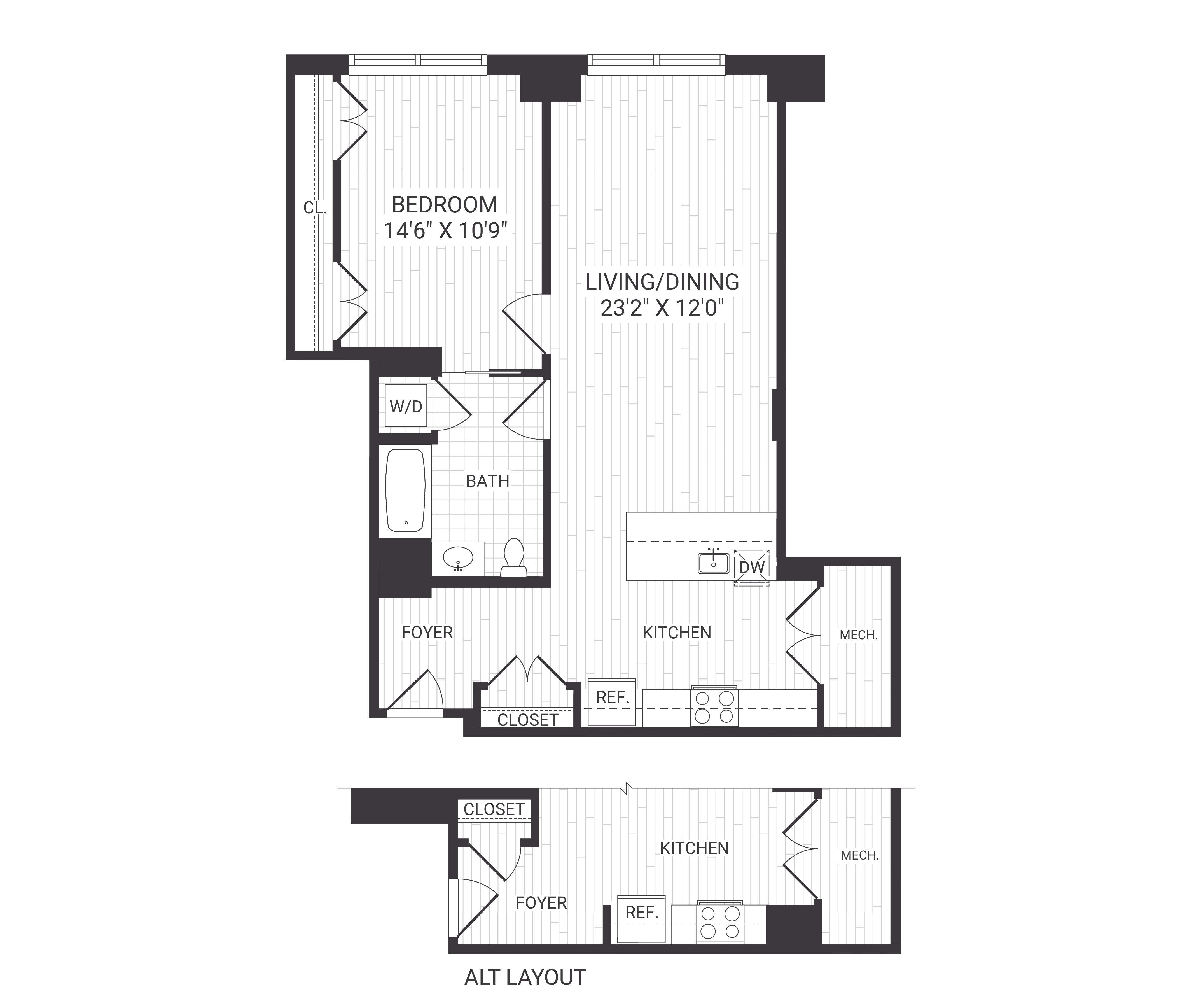 Floor plan for 1 bed, 1 bath, 838 sqft