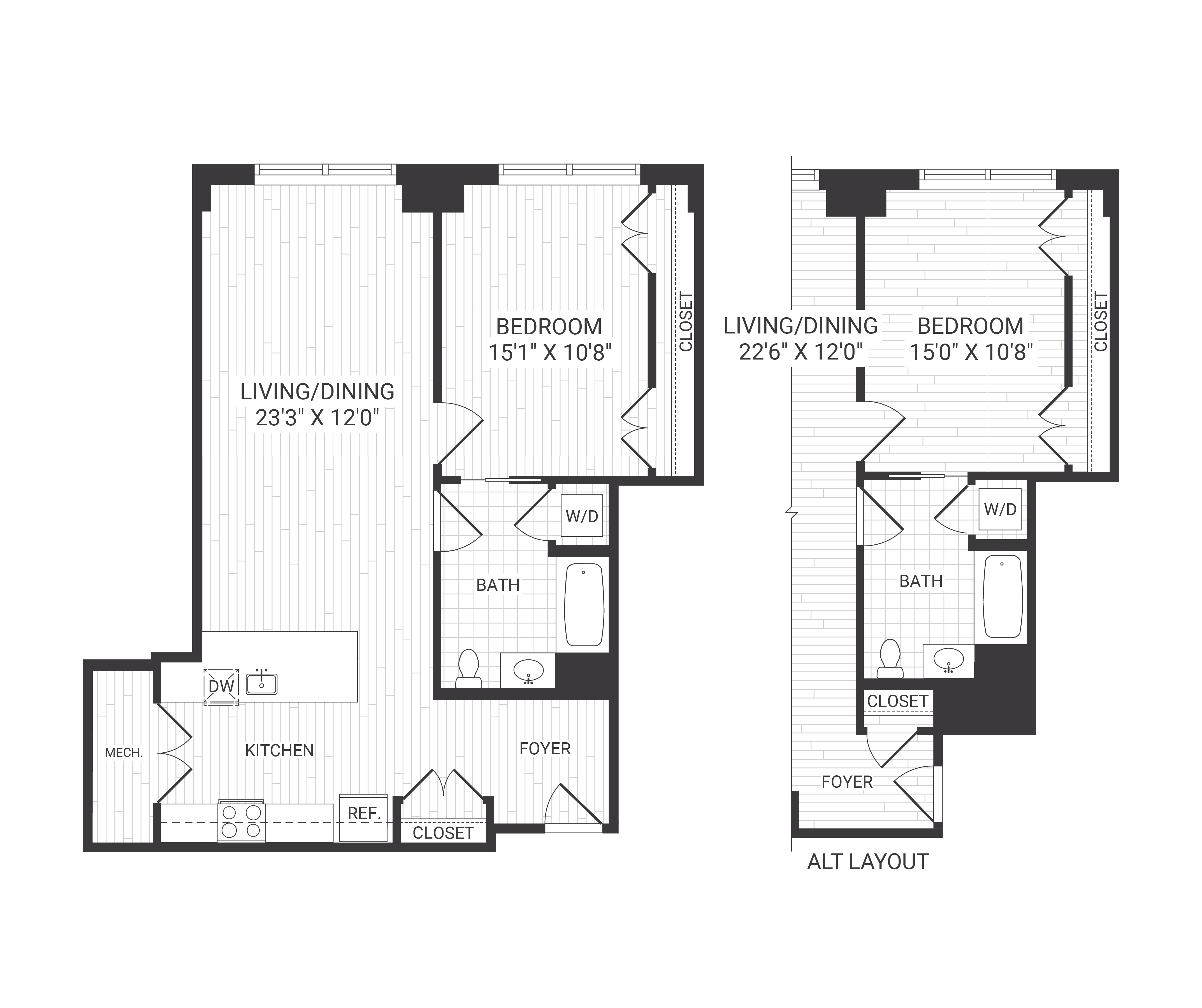Floor plan for 1 bed, 1 bath, 839 sqft