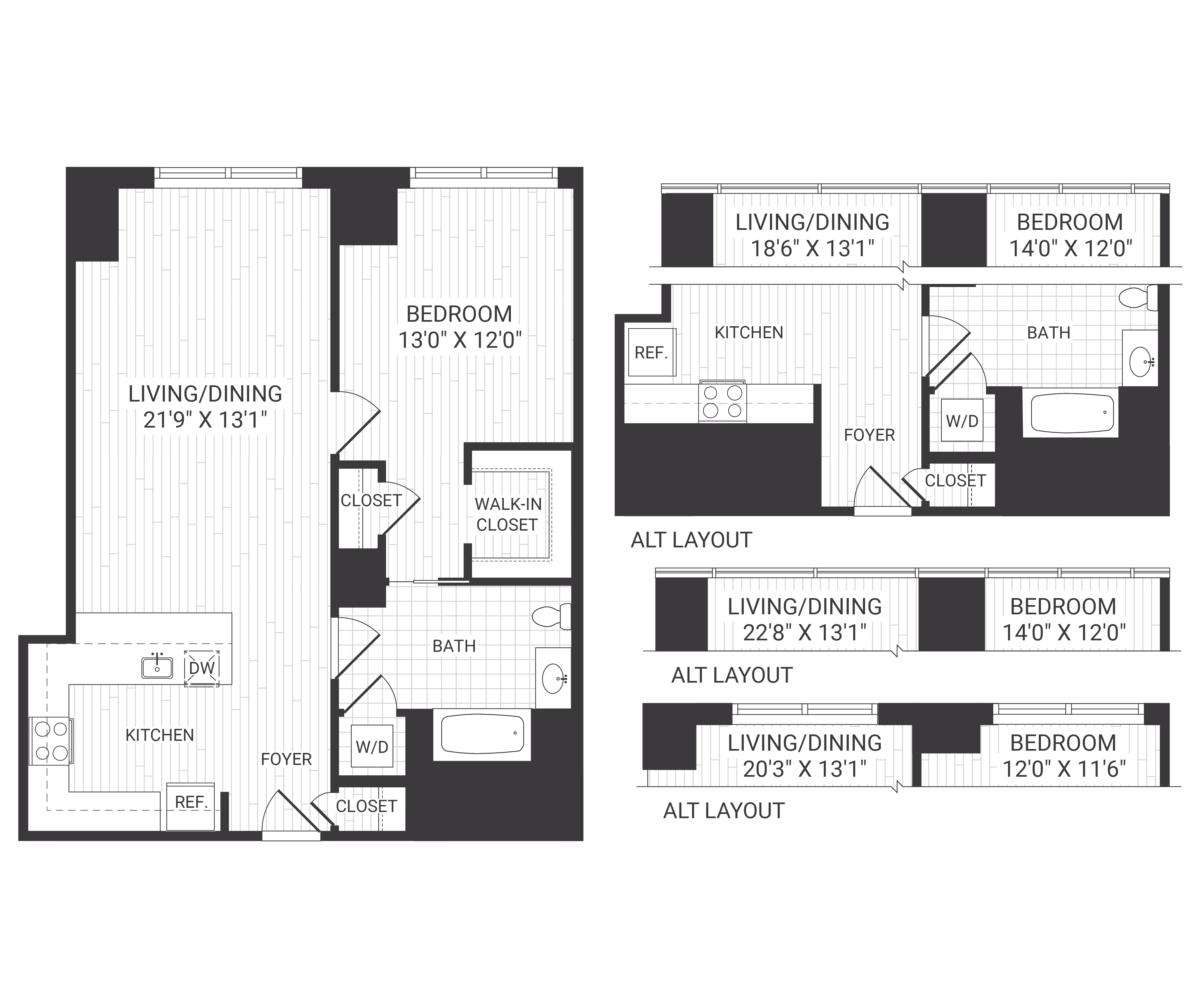 Floor plan for 1 bed, 1 bath, 906 sqft