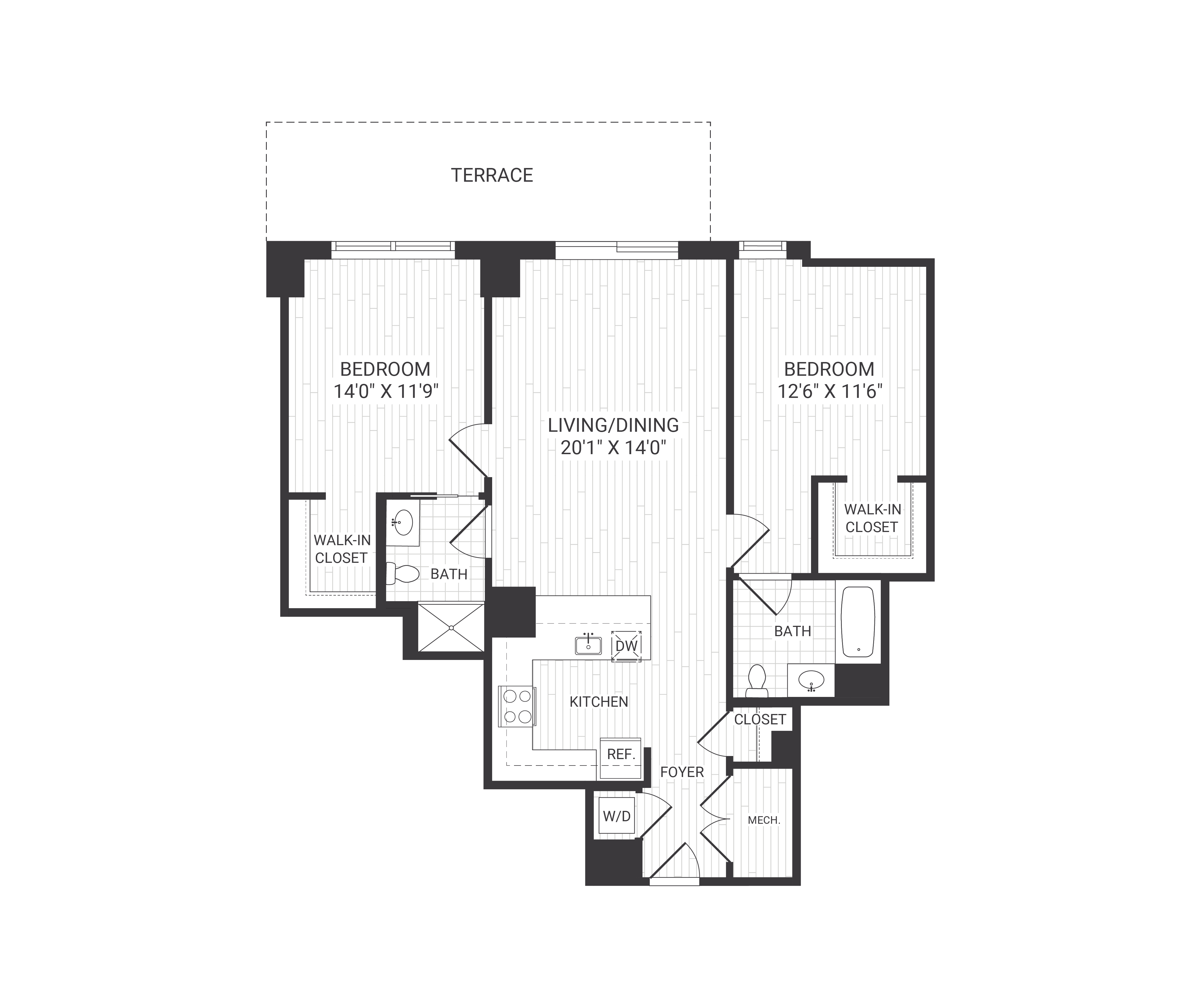 Floor plan for 2 beds, 2 baths, 1107 sqft