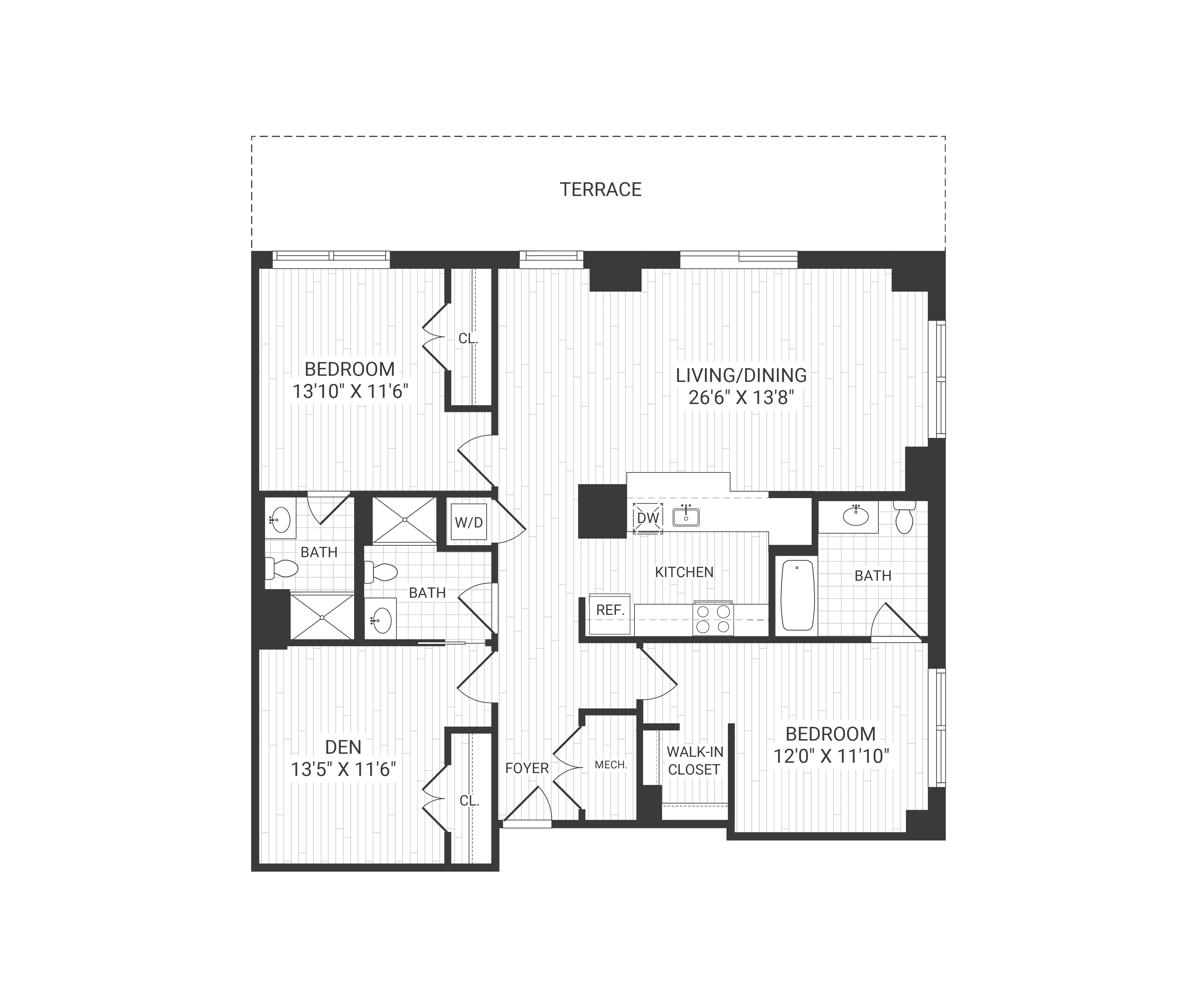 Floor plan for 2 beds, 3 baths, 1490 sqft