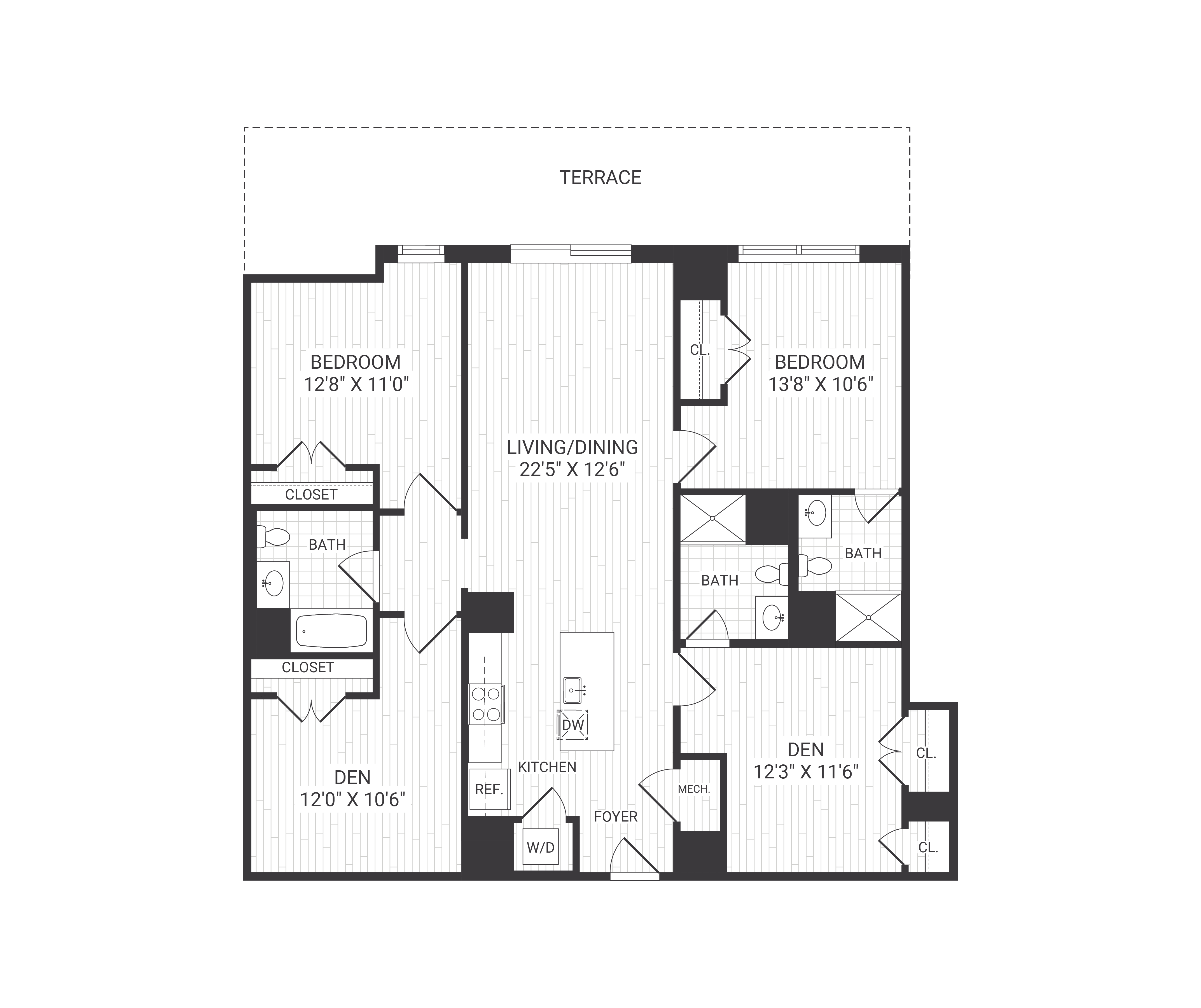 Floor plan for 2 beds, 2 baths, 1530 sqft