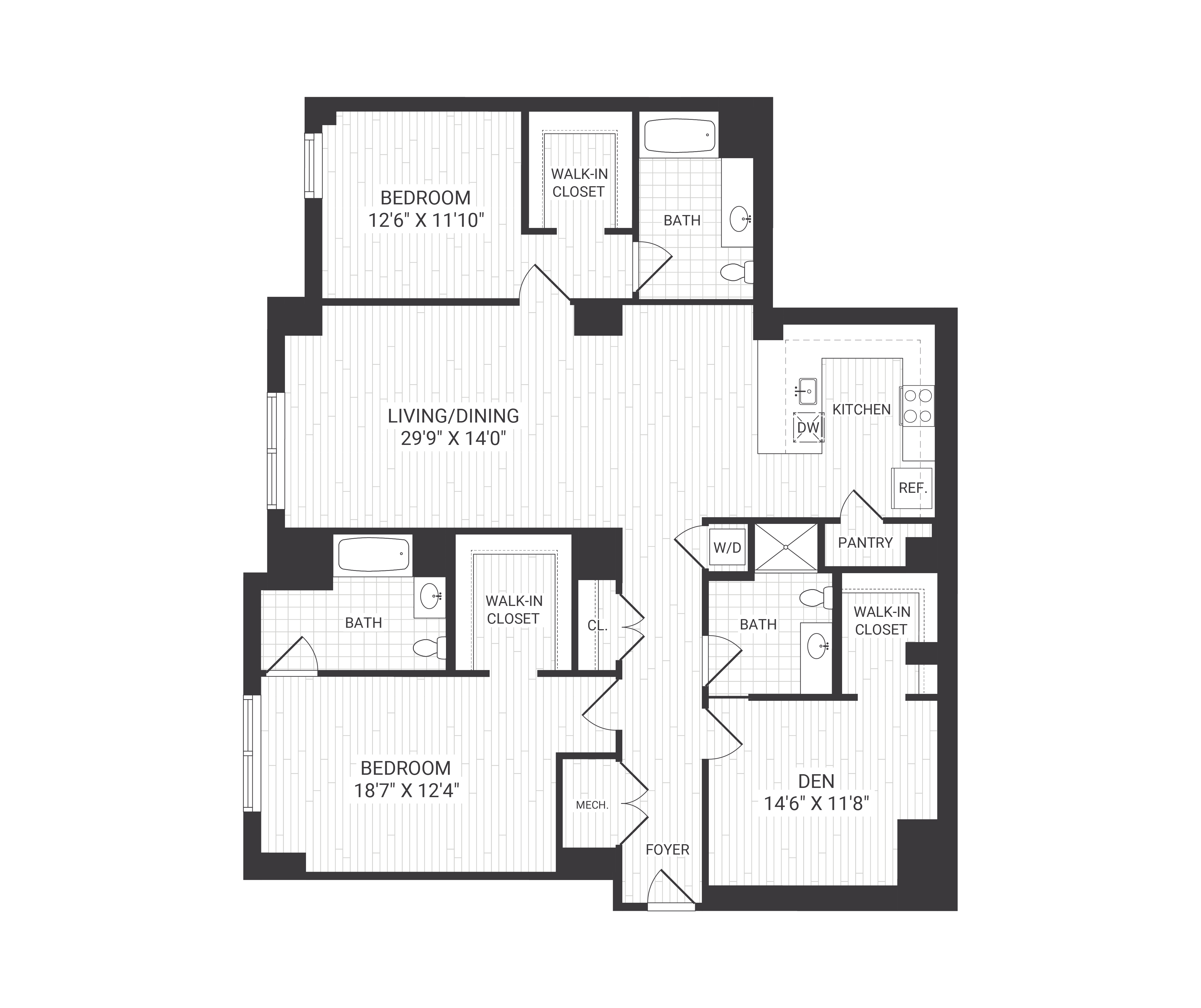 Floor plan for 2 beds, 3 baths, 1881 sqft