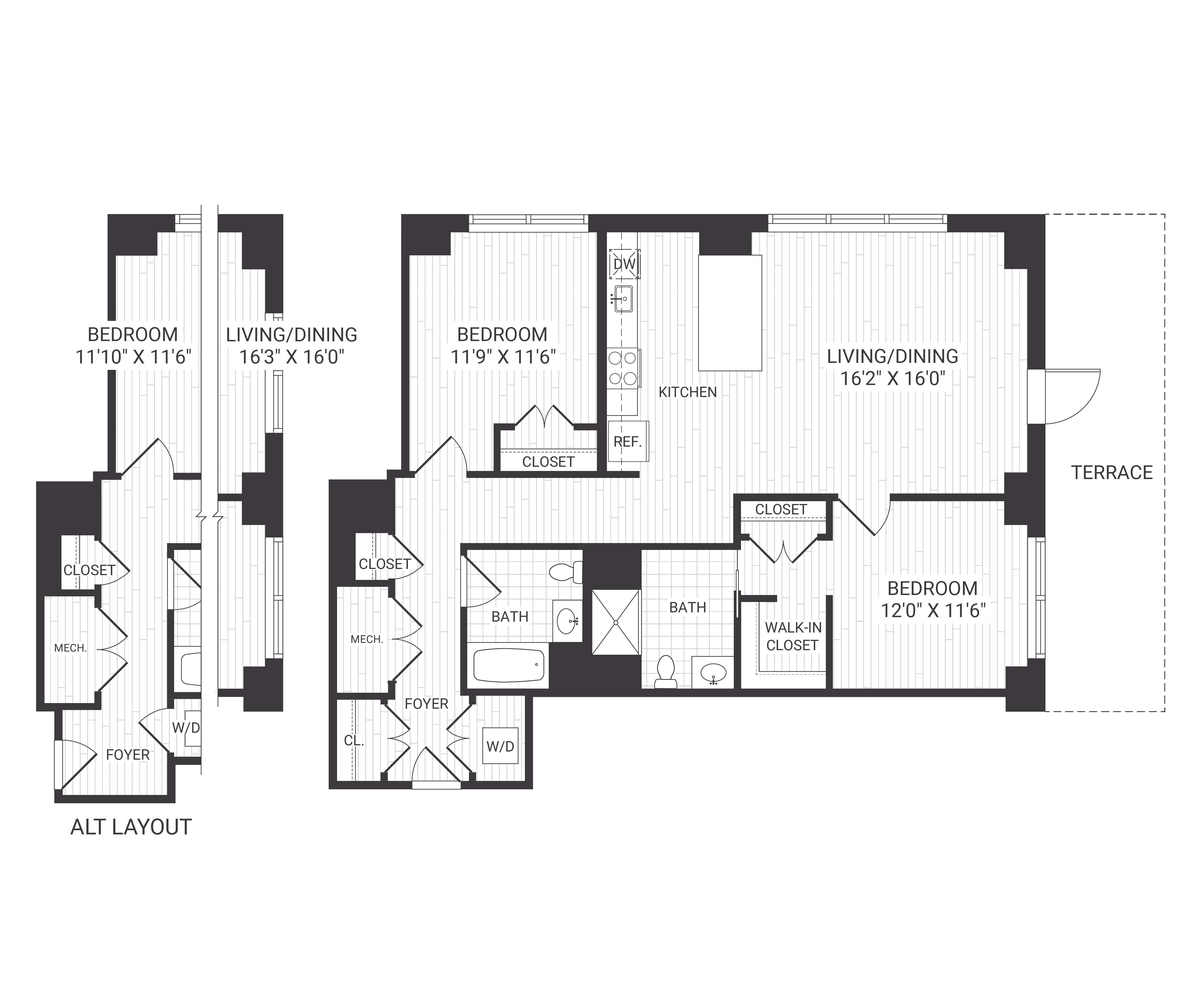 Floor plan for 2 beds, 2 baths, 1194 sqft