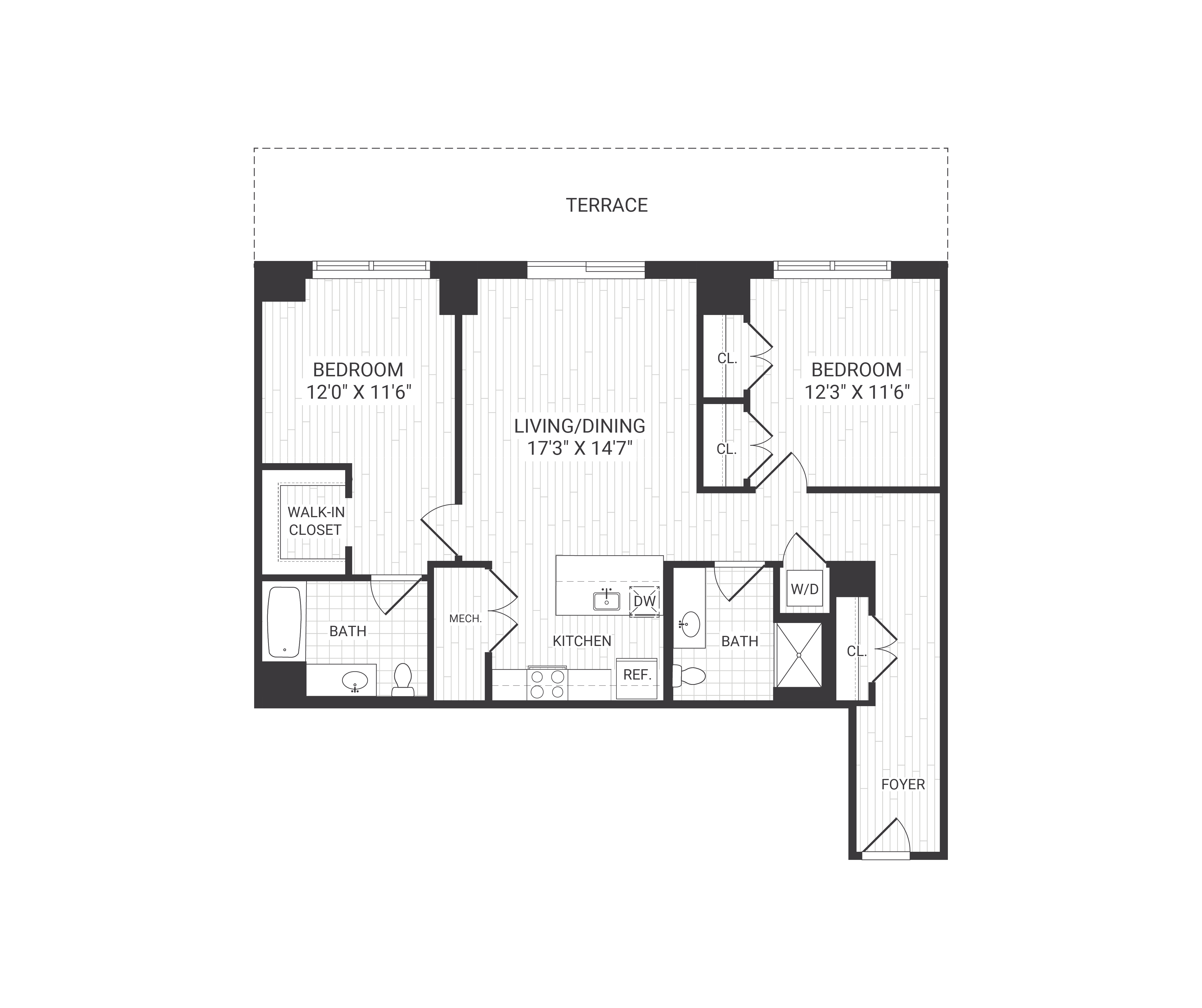 Floor plan for 2 beds, 2 baths, 1195 sqft