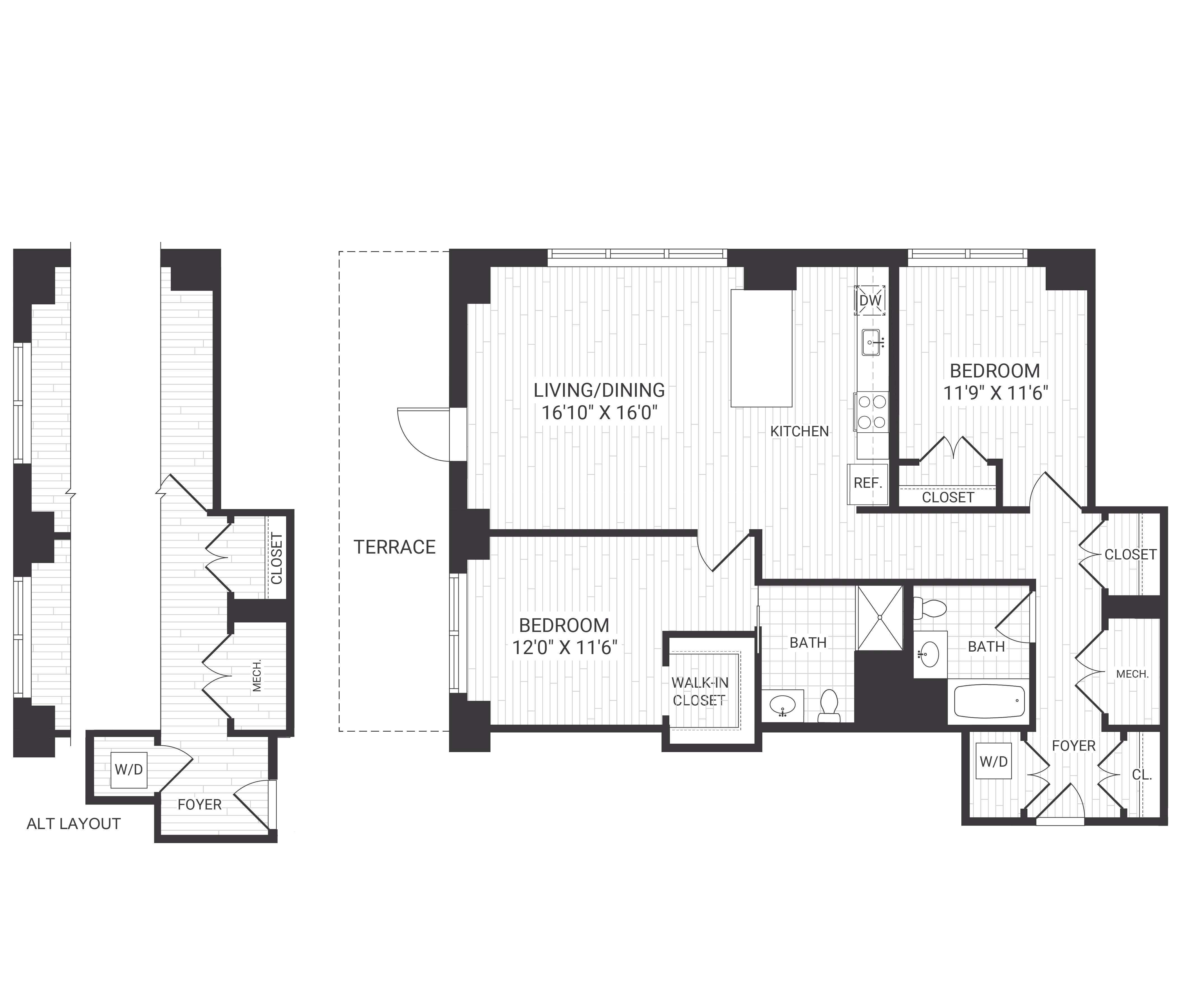 Floor plan for 2 beds, 2 baths, 1201 sqft