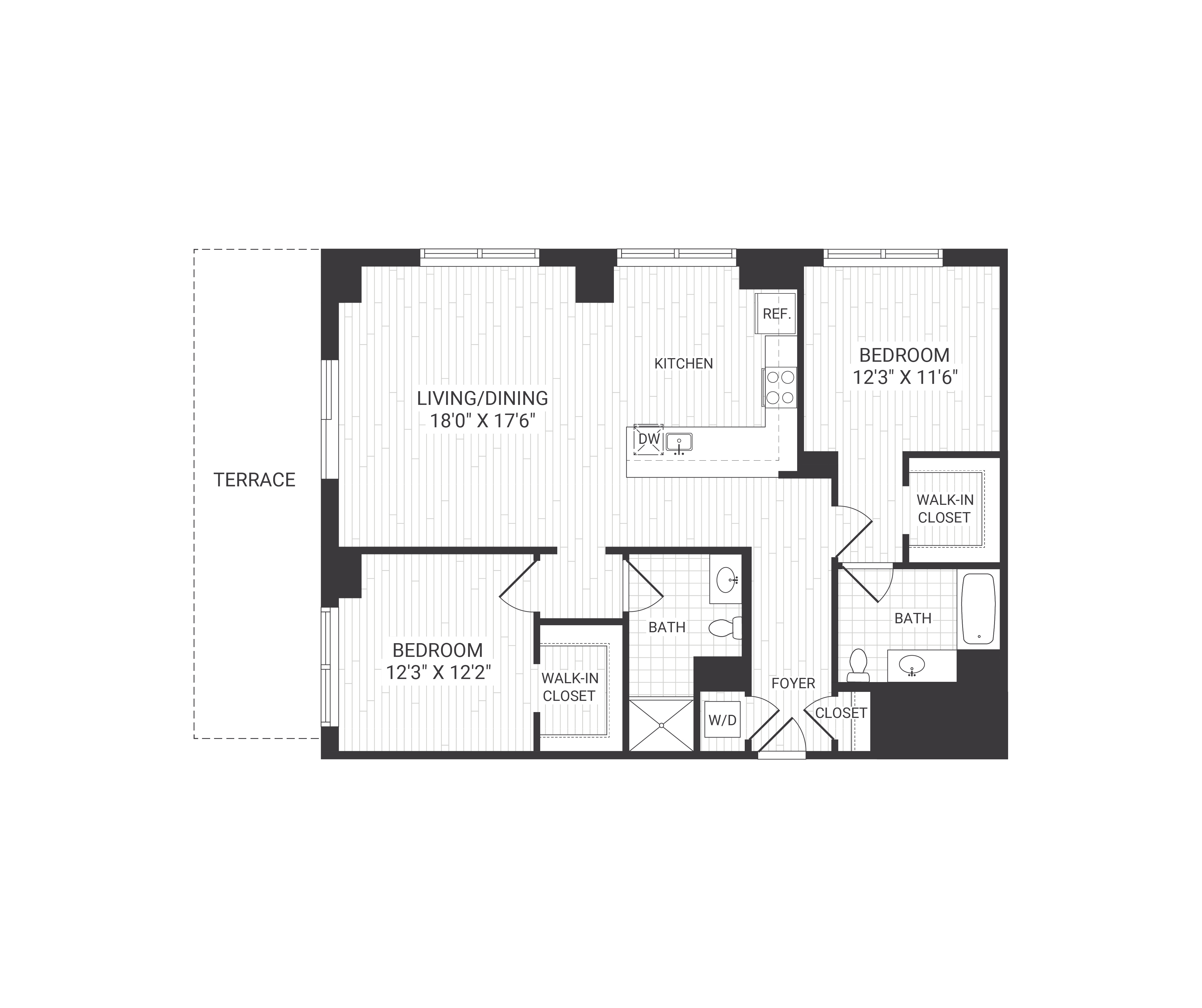 Floor plan for 2 beds, 2 baths, 1258 sqft