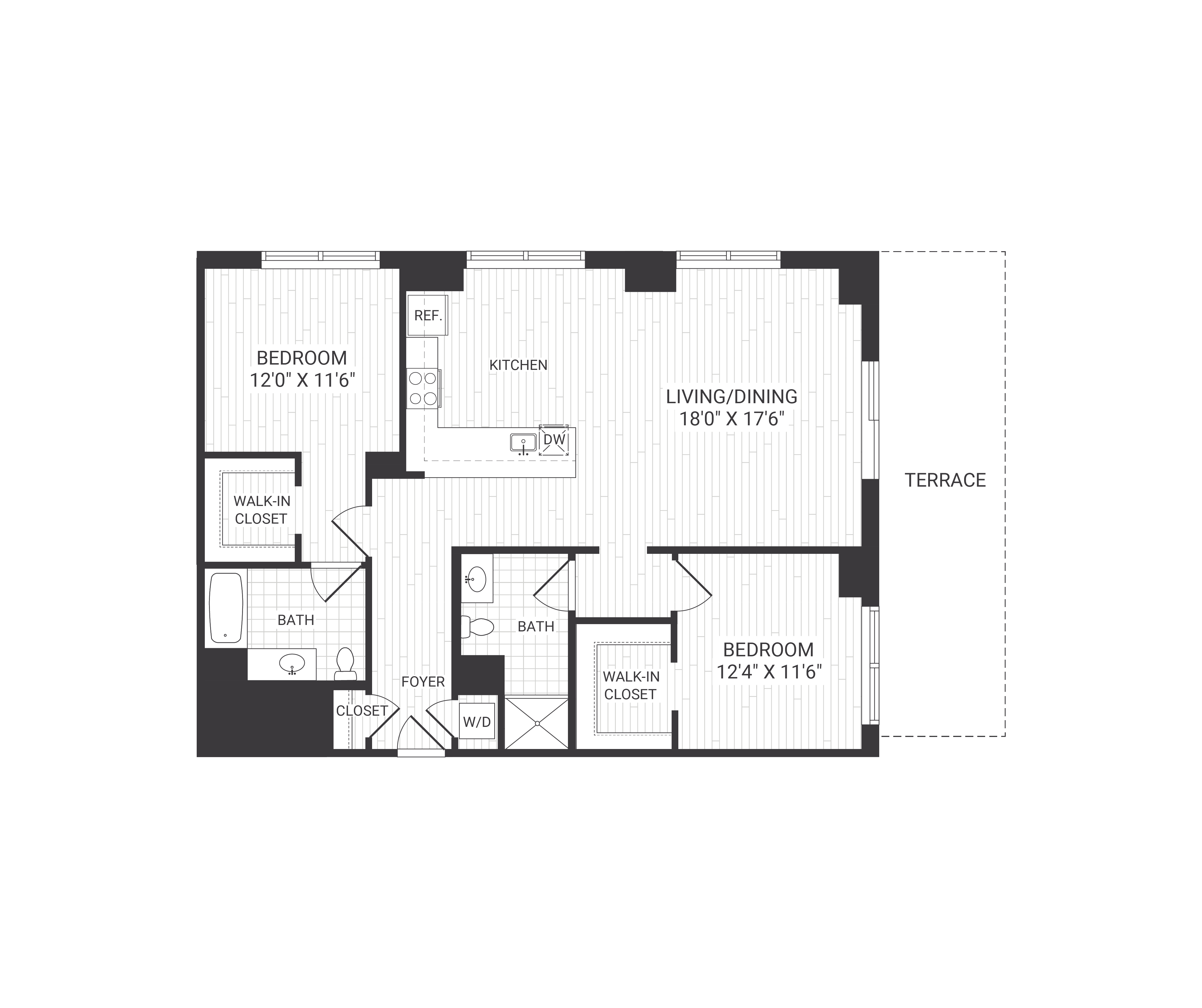 Floor plan for 2 beds, 2 baths, 1258 sqft