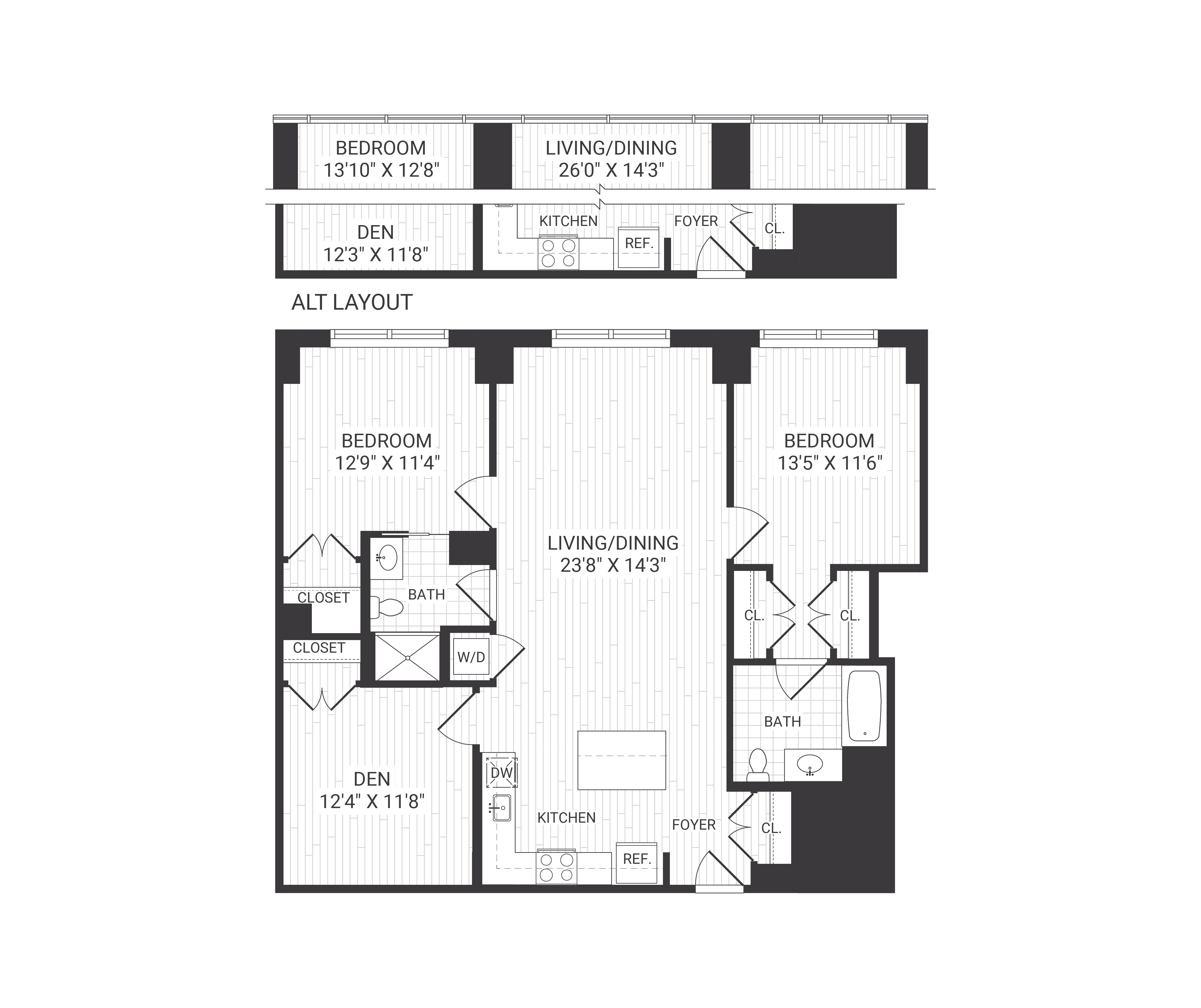 Floor plan for 2 beds, 2 baths, 1377 sqft