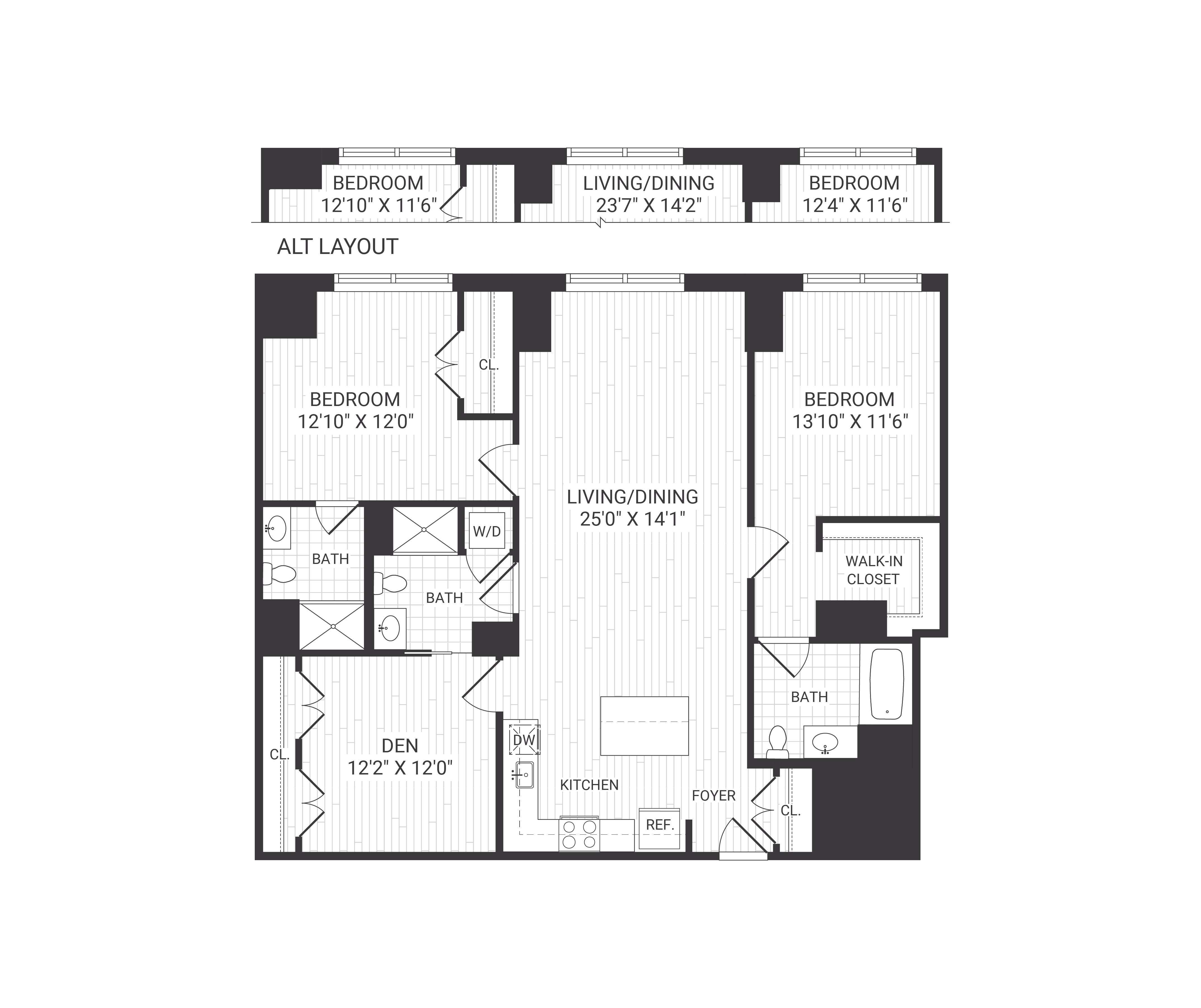 Floor plan for 2 beds, 3 baths, 1457 sqft
