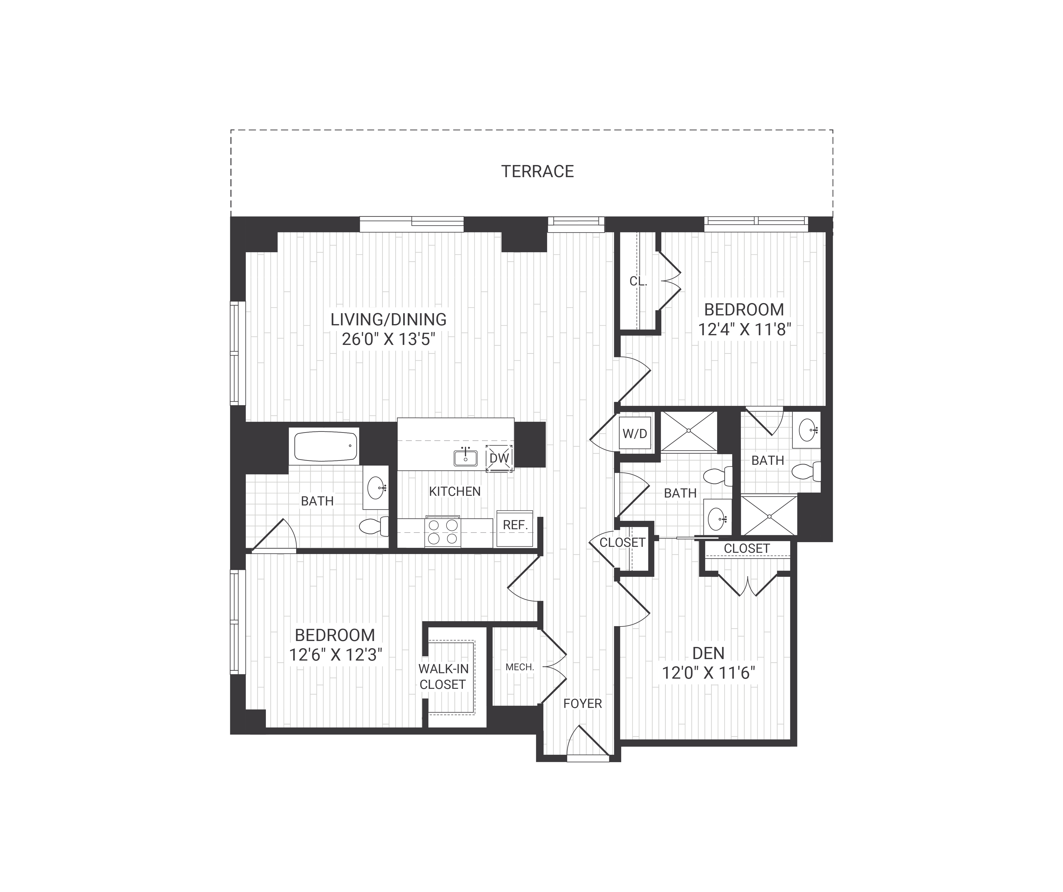 Floor plan for 2 beds, 3 baths, 1445 sqft