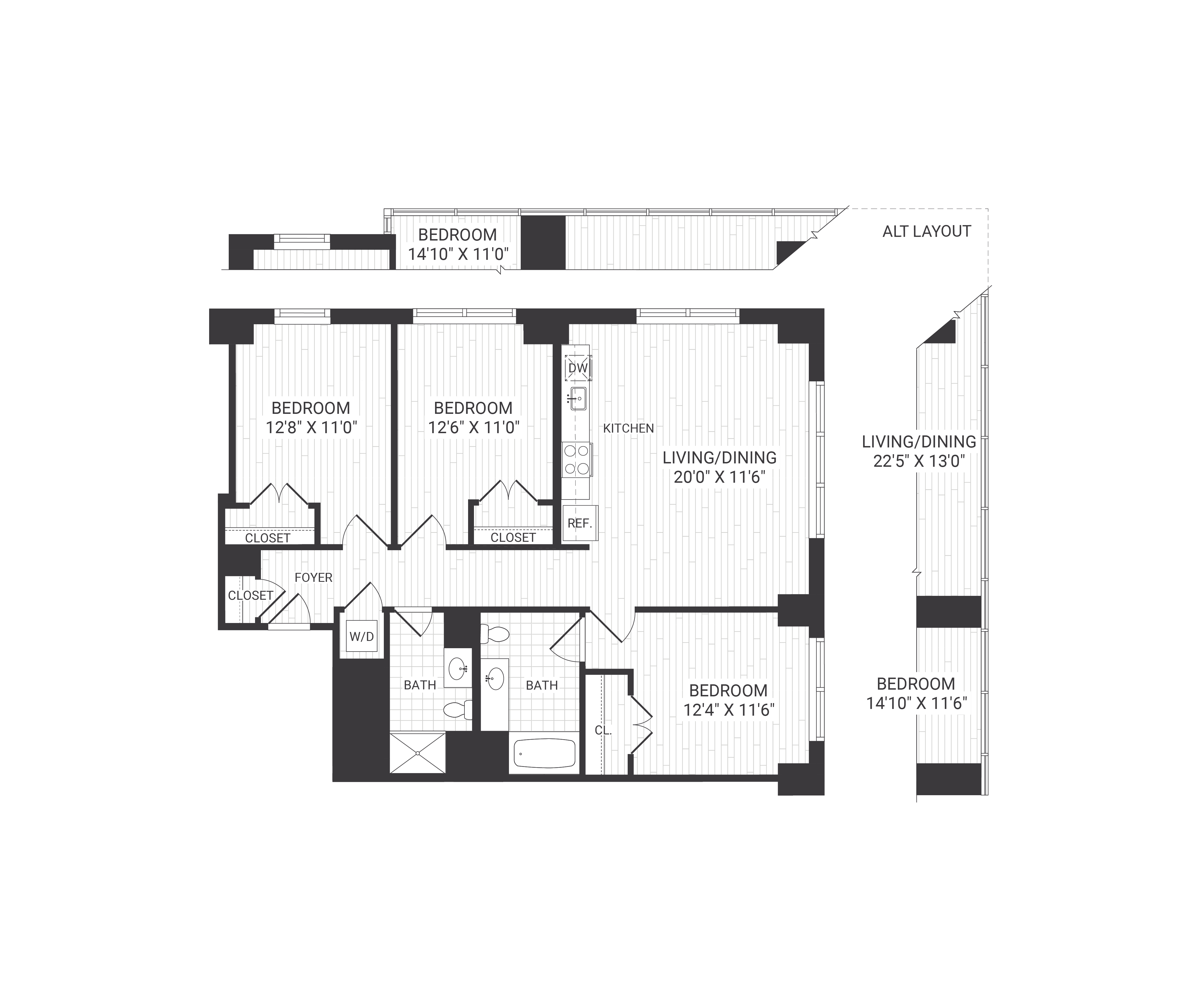 Floor plan for 3 beds, 2 baths, 1390 sqft